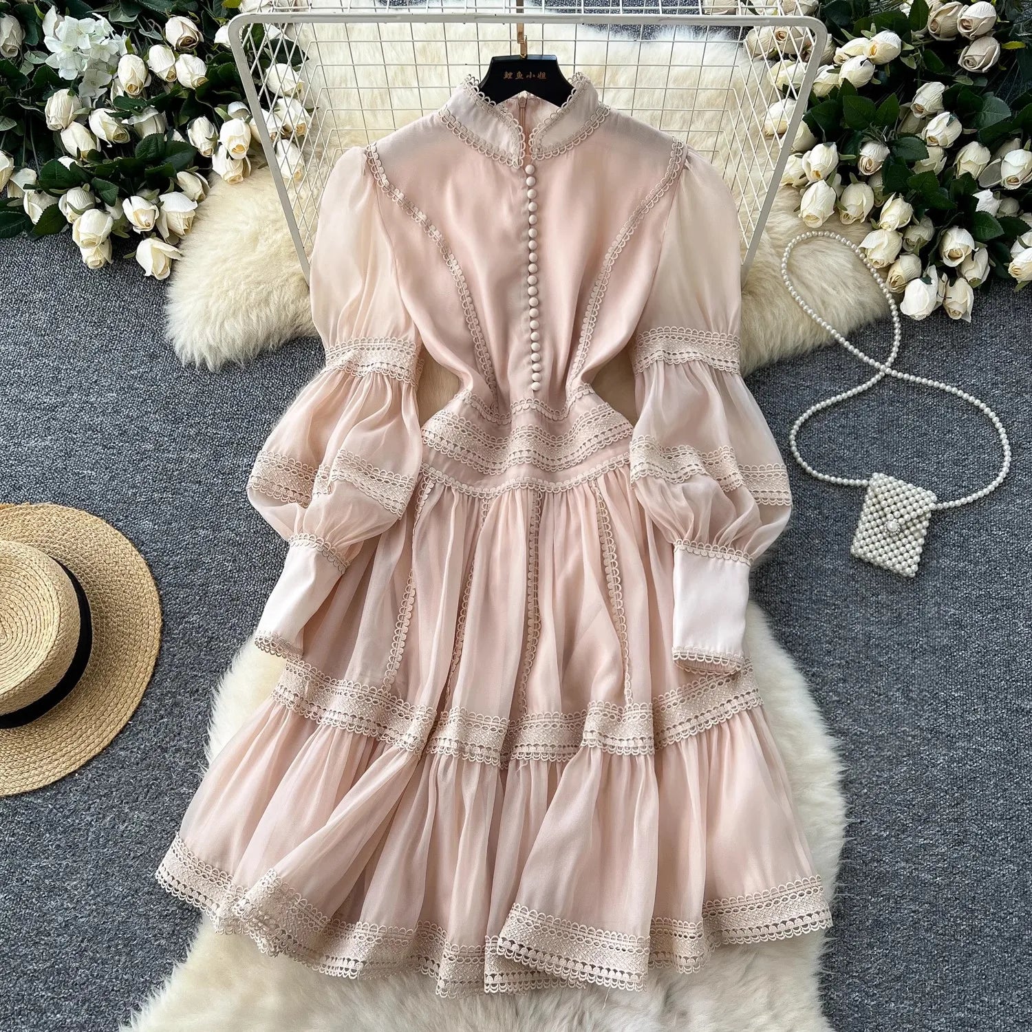 Elegant Hollow Out Embroidery Lace Mini Dress for Women - Lantern Sleeve Button Up Party Dress for Evening Events, Date Nights & Special Occasions