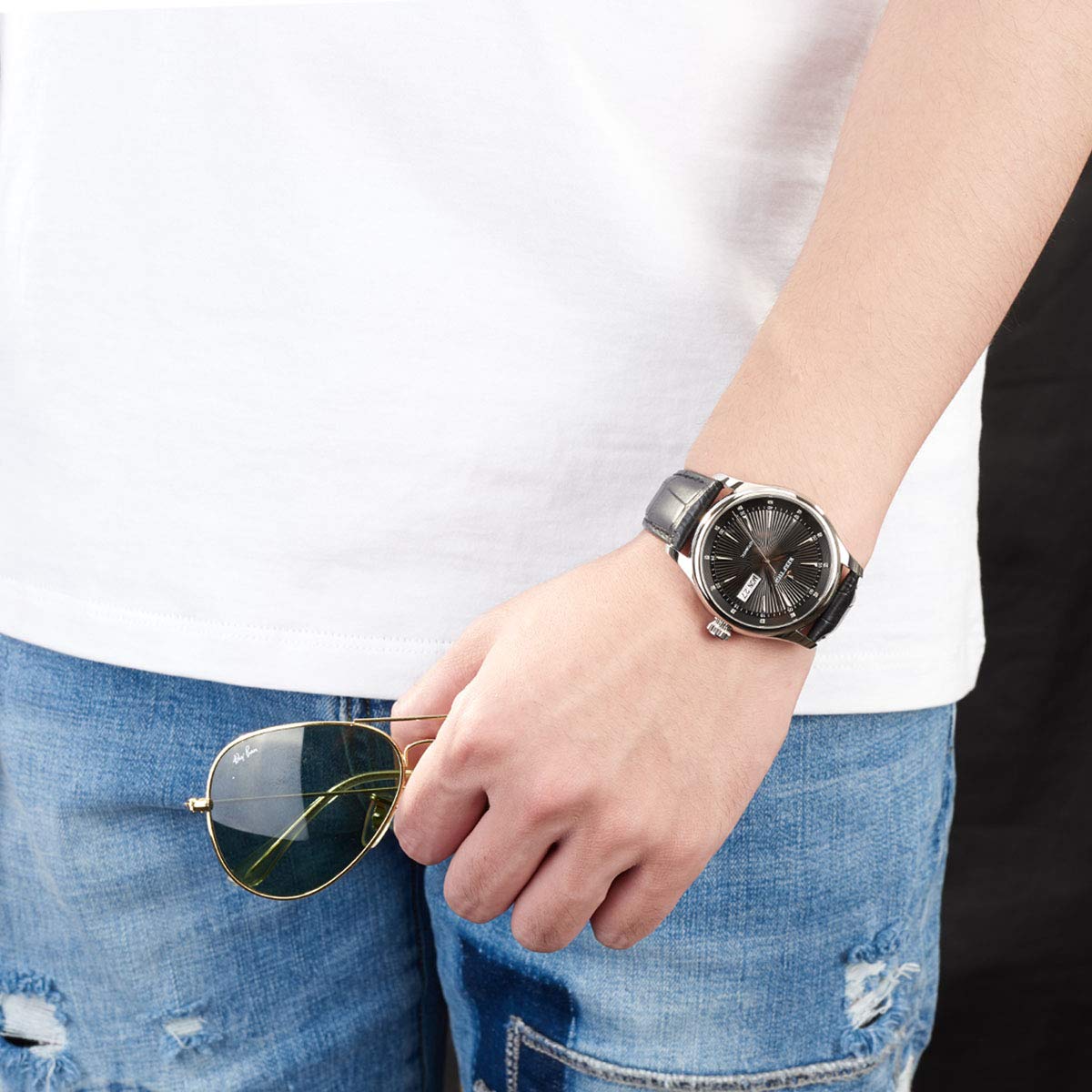 REEF TIGER Men's Automatic Dress Watch with Genuine Leather Strap - Day Date Display Waterproof Stainless Steel Watch RGA8232 | Perfect for Business, Formal Events & Everyday Wear