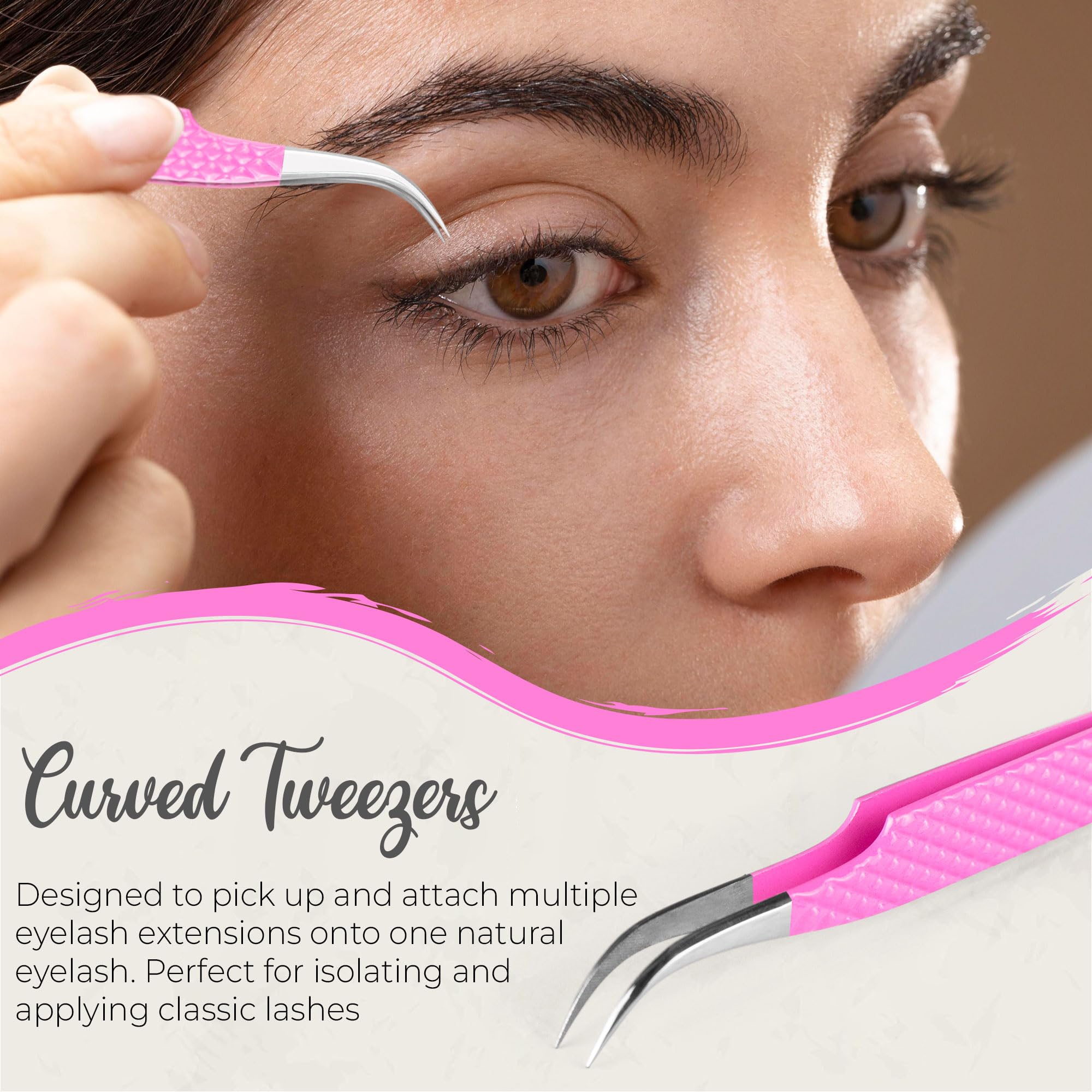 Professional 5Pcs Stainless Steel Eyelash Extension Tweezers Set - Volume & Isolation Curved Tweezers for Lash Artists | Perfect for Salon, Home Use & DIY Nail Art (Pink 3-Piece Set)
