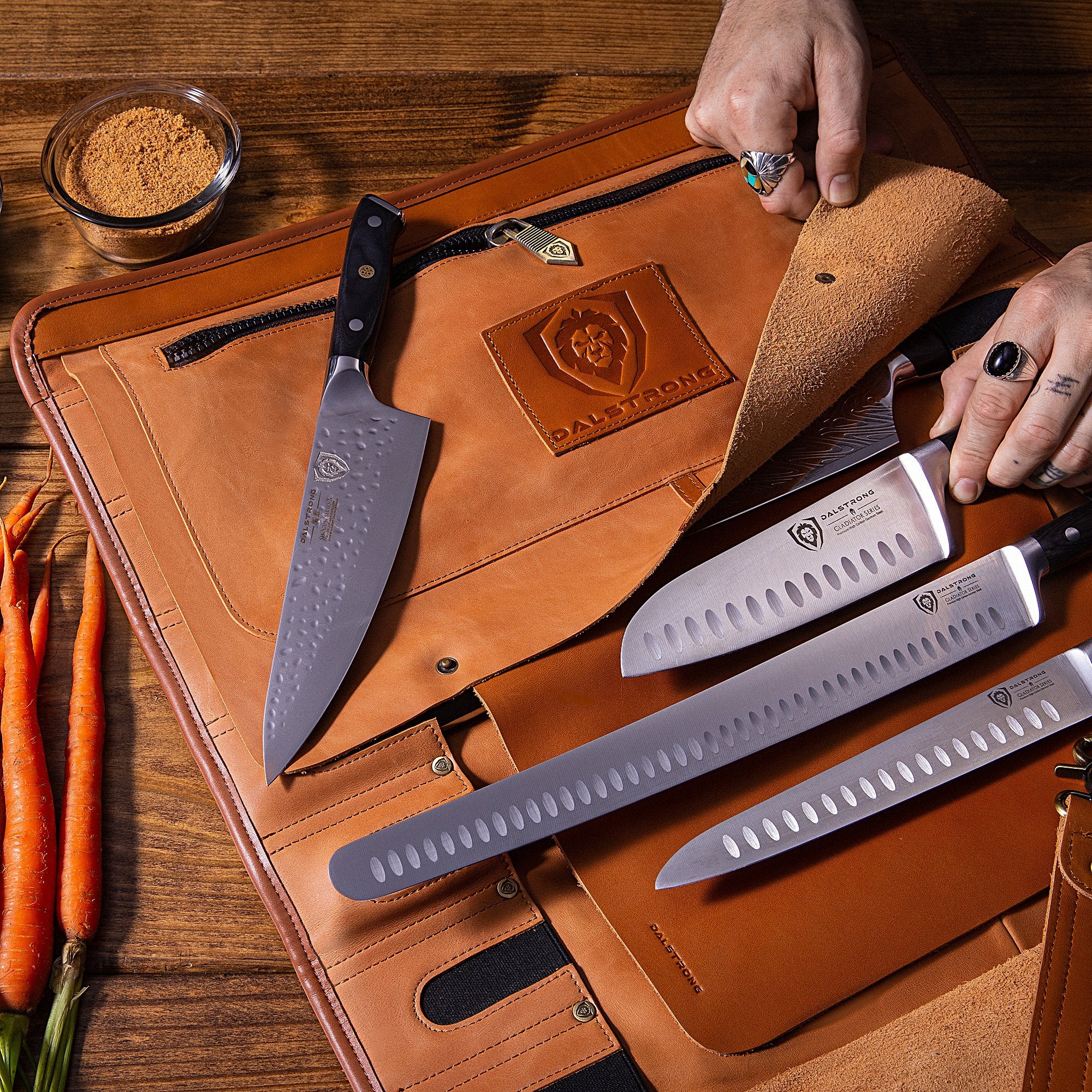 Premium Full Grain Leather Knife Roll for Chefs - California Brown Vagabond Knife Roll by Dalstrong - Perfect for Professional Kitchens, Culinary Students & Traveling Chefs