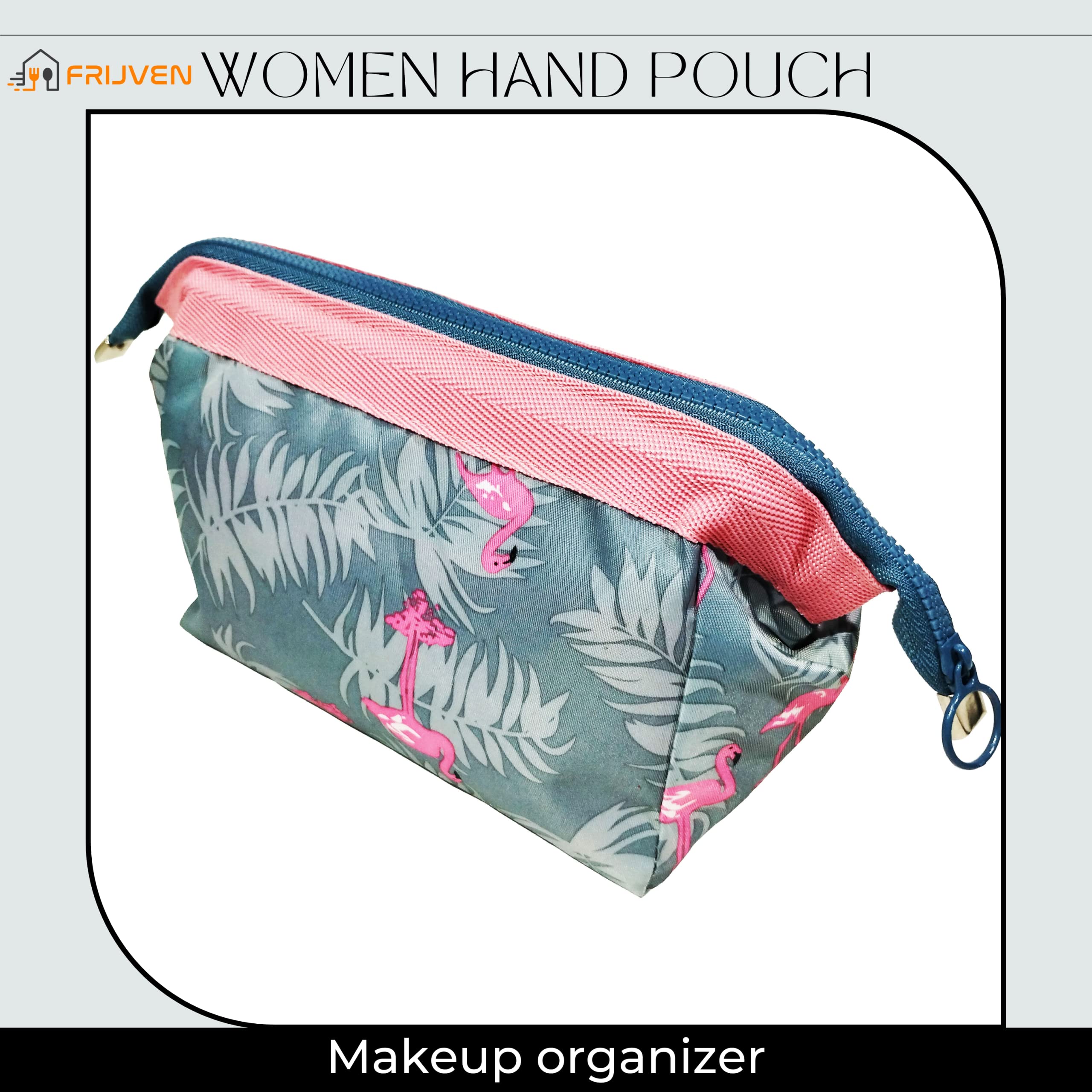 FRIJVEN Printed Cosmetic Makeup Pouch - 9cm Women's Toiletry Organizer Bag, Small Travel Makeup Case for Grooming Kit (Grey & Blue) | Perfect for Travel, Gym & Daily Essentials Storage