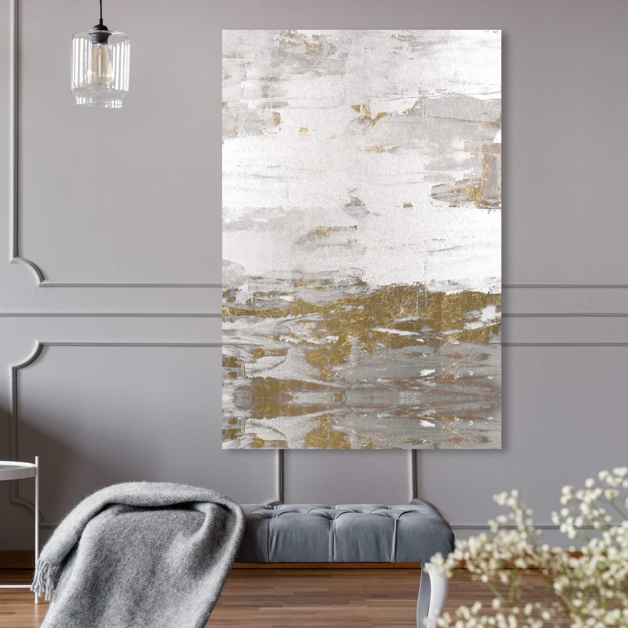 Abstract Wall Art Canvas Print 'Tall Sensation' - 24x36 Inch Modern Home Decor in White & Gold | Perfect for Living Room, Bedroom & Office Decor
