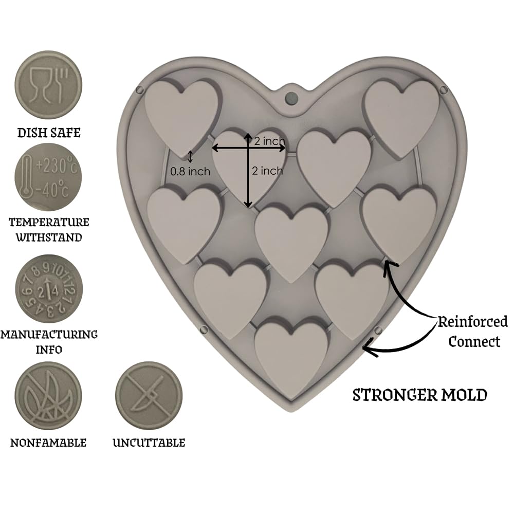 Heart Shaped Silicone Cake Pans - 10 Cavity Large 2 Inch Baking Molds for Valentine's Day, Chocolate, Ice Cubes & Candy Making - Perfect for DIY Desserts, Party Treats & Romantic Gifts