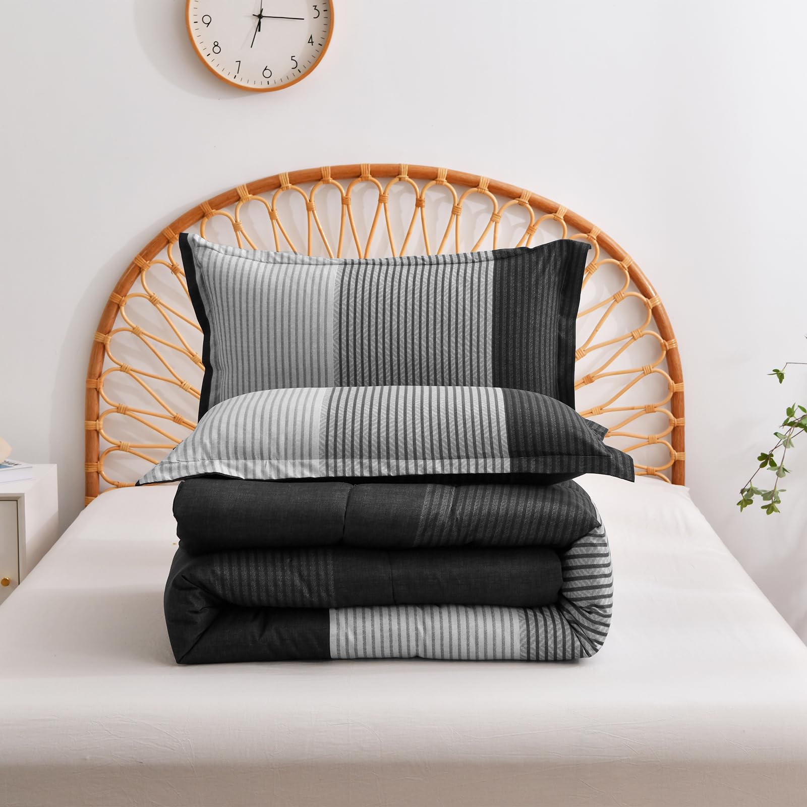 WONGS BEDDING King Size Black Comforter Set - Reversible Black Striped Down Alternative Duvet Cover with 2 Pillowcases (104