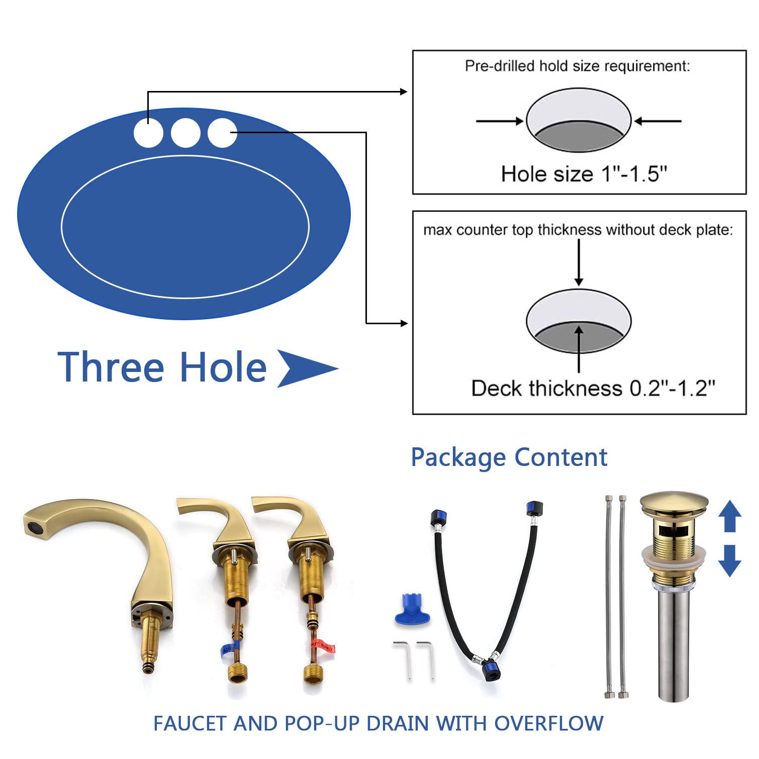 Brushed Gold Widespread Bathroom Faucet - 8 Inch 2-Handle Brass Sink Faucet for 3-Hole Lavatory with Pop-Up Drain & Supply Hoses | Perfect for Modern Bathroom Vanities & Guest Baths