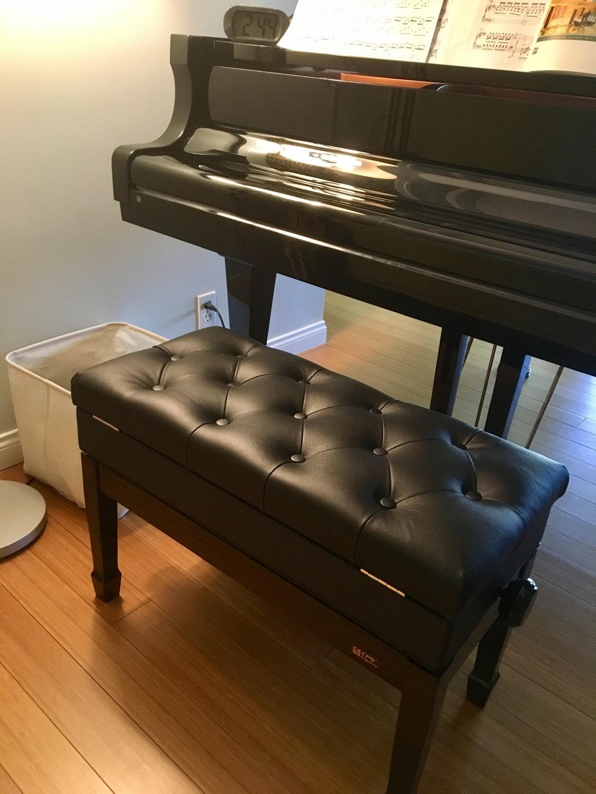 Premium Genuine Leather Adjustable Piano Bench Stool for Artists – Duet Size with Music Storage – Perfect for Home, Studio & Concert Halls – Ebony Finish