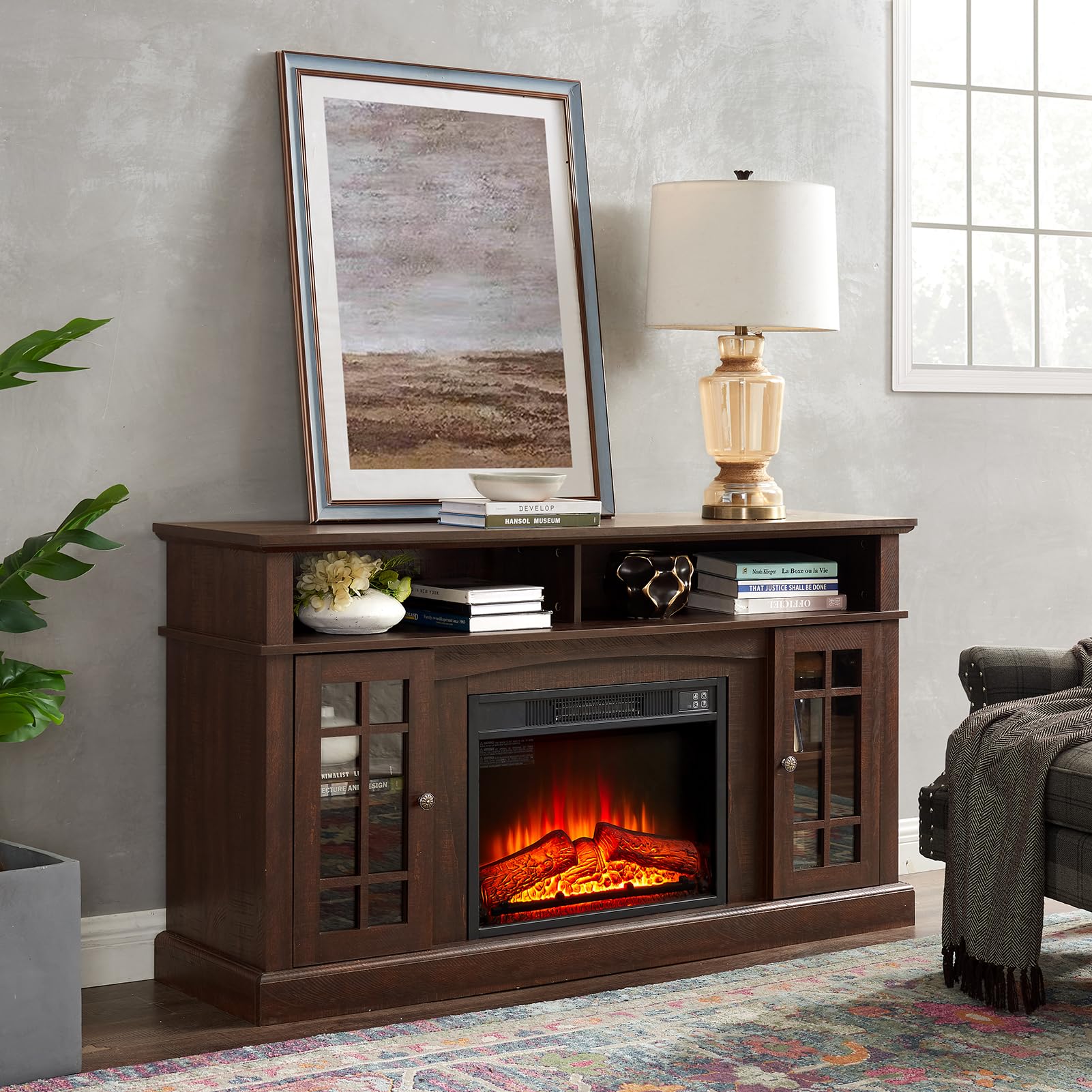 Modern Farmhouse Fireplace TV Stand with Glass Door Cabinets - 65 Inch Media Entertainment Center Console Table with 2 Open Shelves - Espresso Finish for Living Room, Bedroom & Home Theater Setup