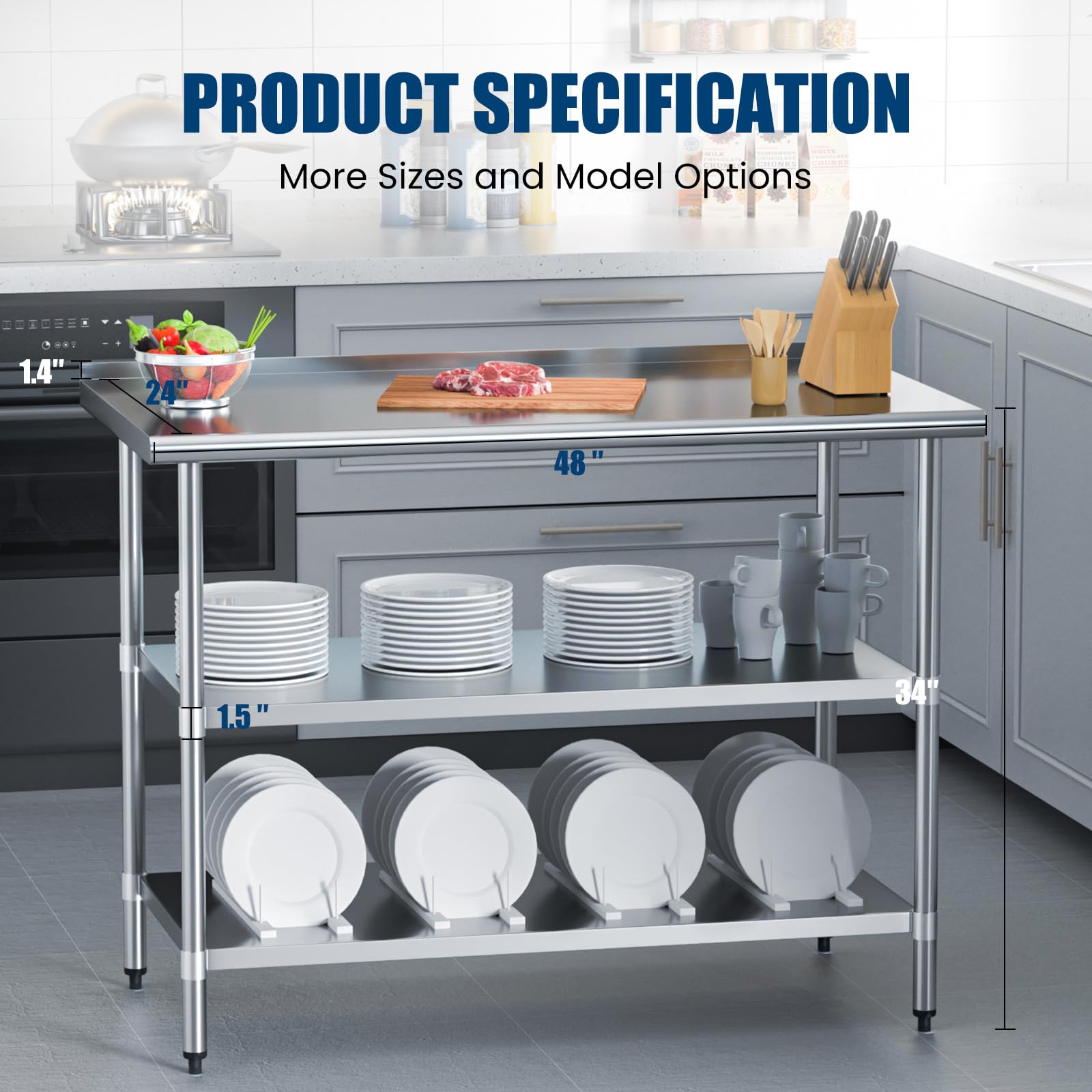 Stainless Steel Rolling Work Table 24x48 Inches - Heavy Duty Metal Food Prep Table with Backsplash & 2 Adjustable Shelves - Commercial Kitchen, Restaurant, Outdoor BBQ, Home Garage Workstation - Ideal for Cooking, Baking, Catering & Workshop Projects