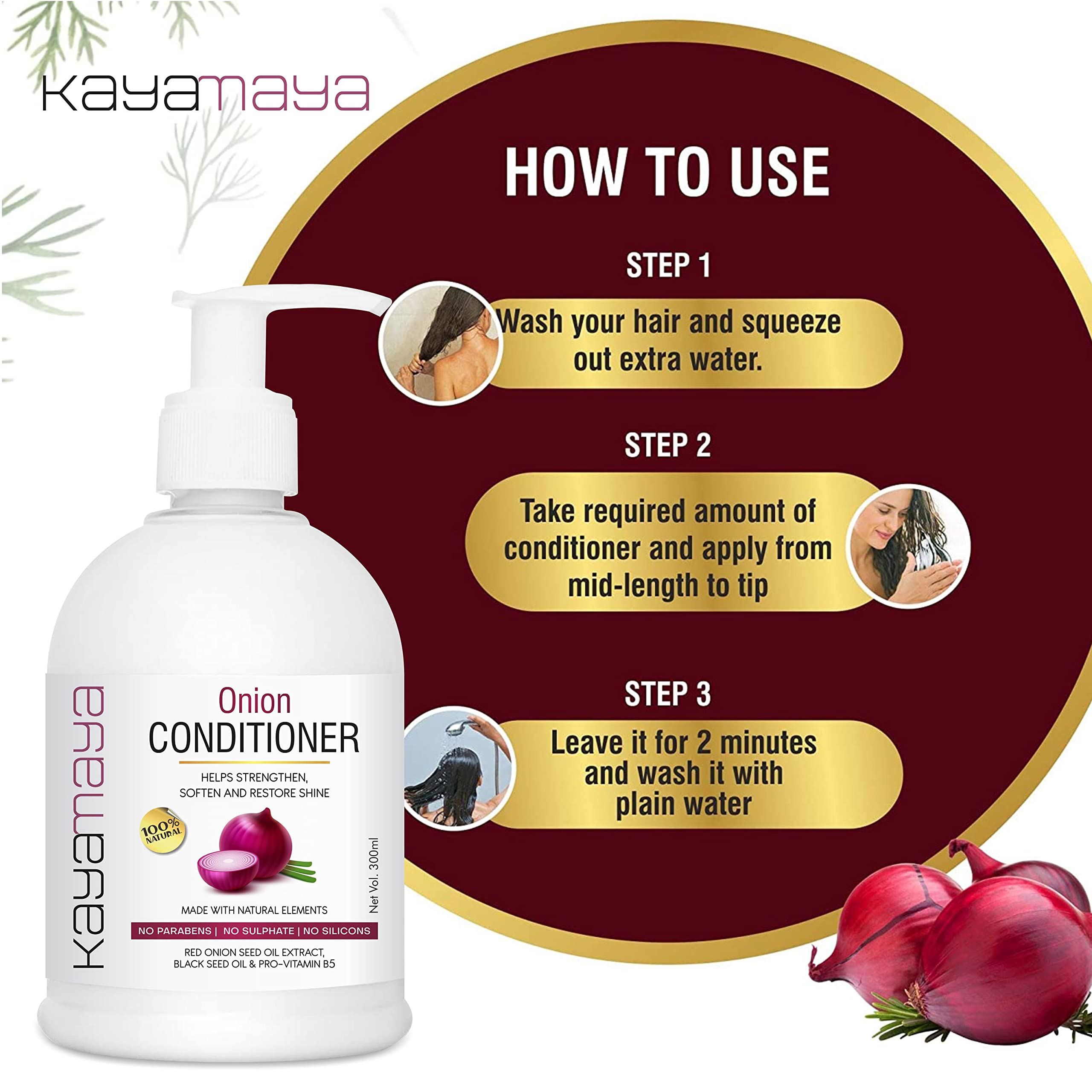 Kayamaya Red Onion Hair Conditioner for Hair Growth - Paraben & Sulfate Free, 300ml - Fights Hair Loss & Promotes Healthy Scalp - Ideal for Damaged, Dry & Frizzy Hair Care Routine