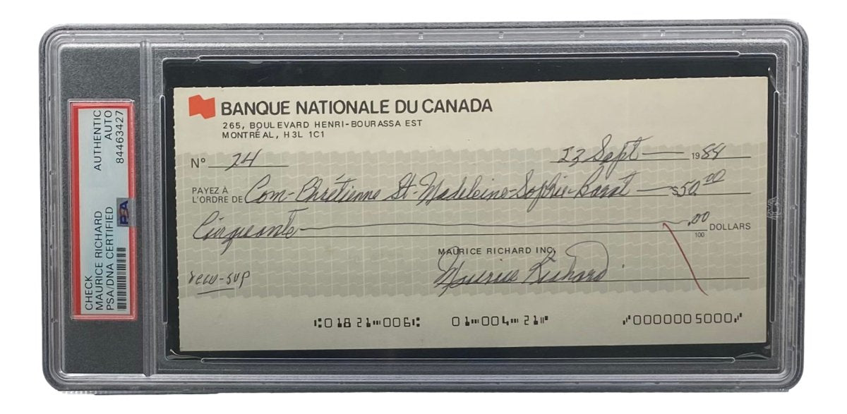 Maurice Richard Autographed Montreal Canadiens Bank Check #24 PSA/DNA Certified - Rare Hockey Memorabilia for Collectors & Sports Fans Display