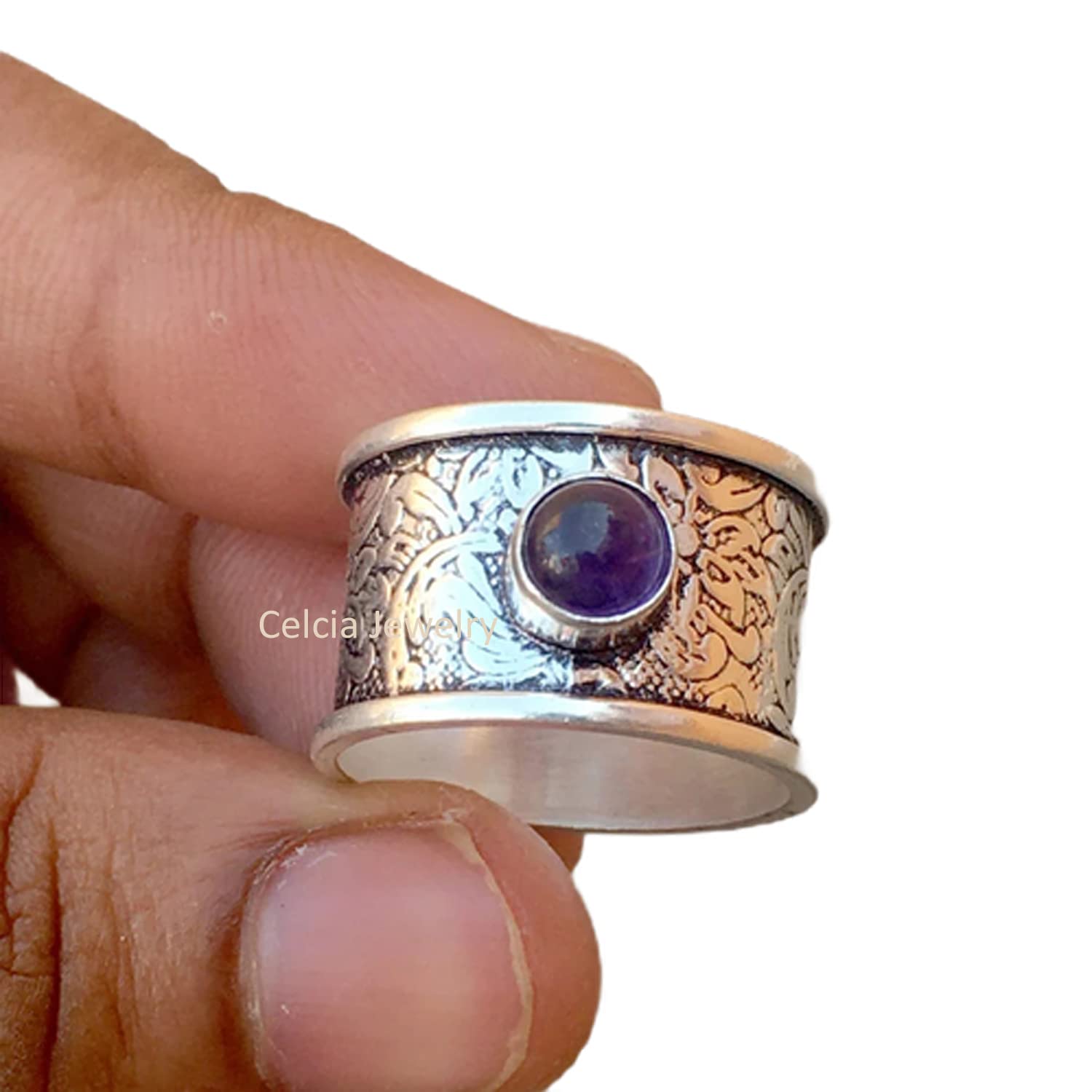 Genuine Amethyst Cabochon Round Spinning Ring - Anxiety Relief Fidget Ring, Worry Silver Spinner Ring for Meditation, February Birthstone Jewelry, Mothers Day Gift (US Size 7) - Perfect for Stress Relief, Focus & Mindfulness Practice