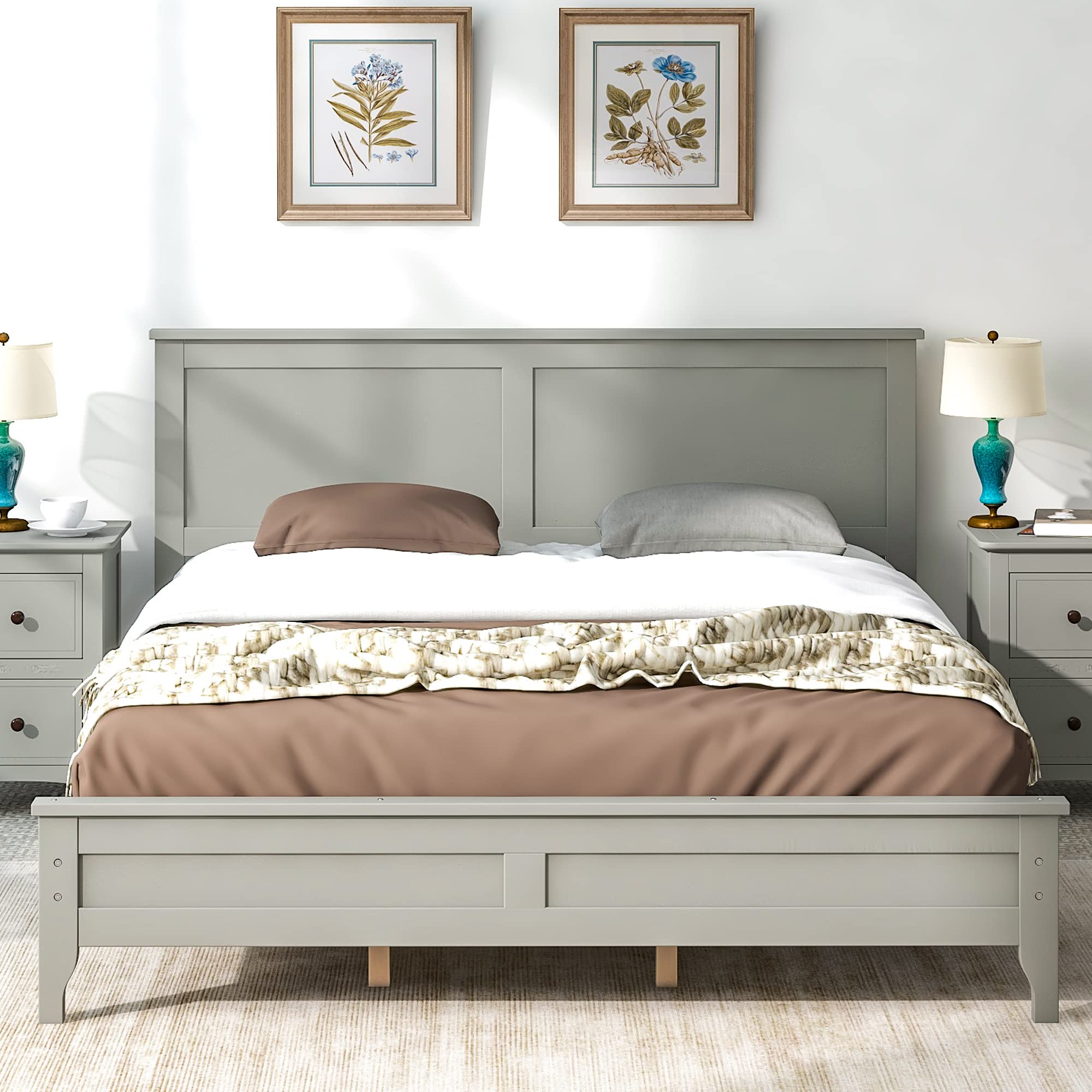 LZ LEISURE ZONE Queen Size Platform Bed Frame - Solid Wood Modern Bed with Storage, No Box Spring Required, Gray - Perfect for Small Bedrooms, Guest Rooms & Minimalist Home Decor
