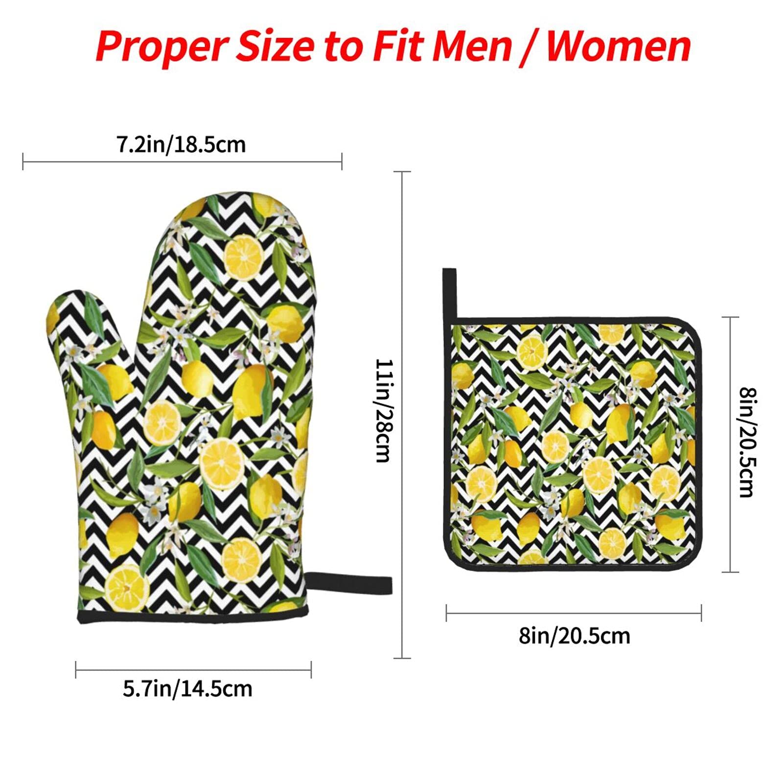 Heat Resistant Oven Mitts and Pot Holders Set - Lemon Black White Chevron Pattern Kitchen Gloves with Cotton Liner for Baking, Cooking, Grilling & BBQ - Perfect for Microwave, Stovetop and Outdoor Cooking