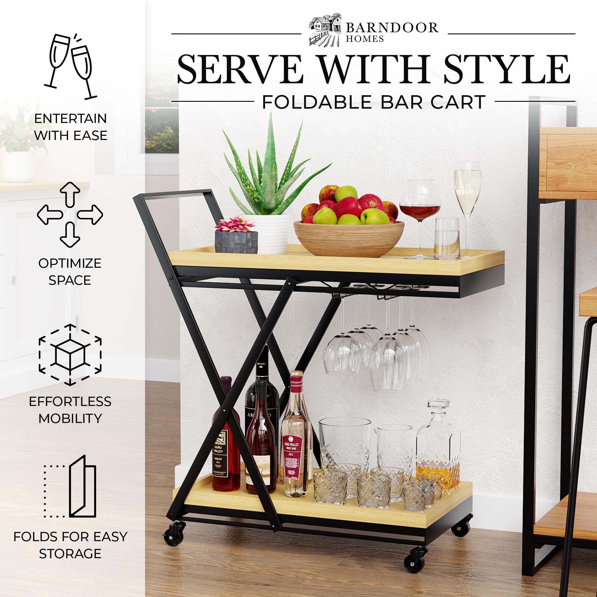 Bar Cart with Wheels - Rolling Kitchen Coffee Service, Wooden Trays, Portable Liquor & Beverage Storage, Mobile Snack & Drink Station - Perfect for Home Entertaining, Parties & Kitchen Organization