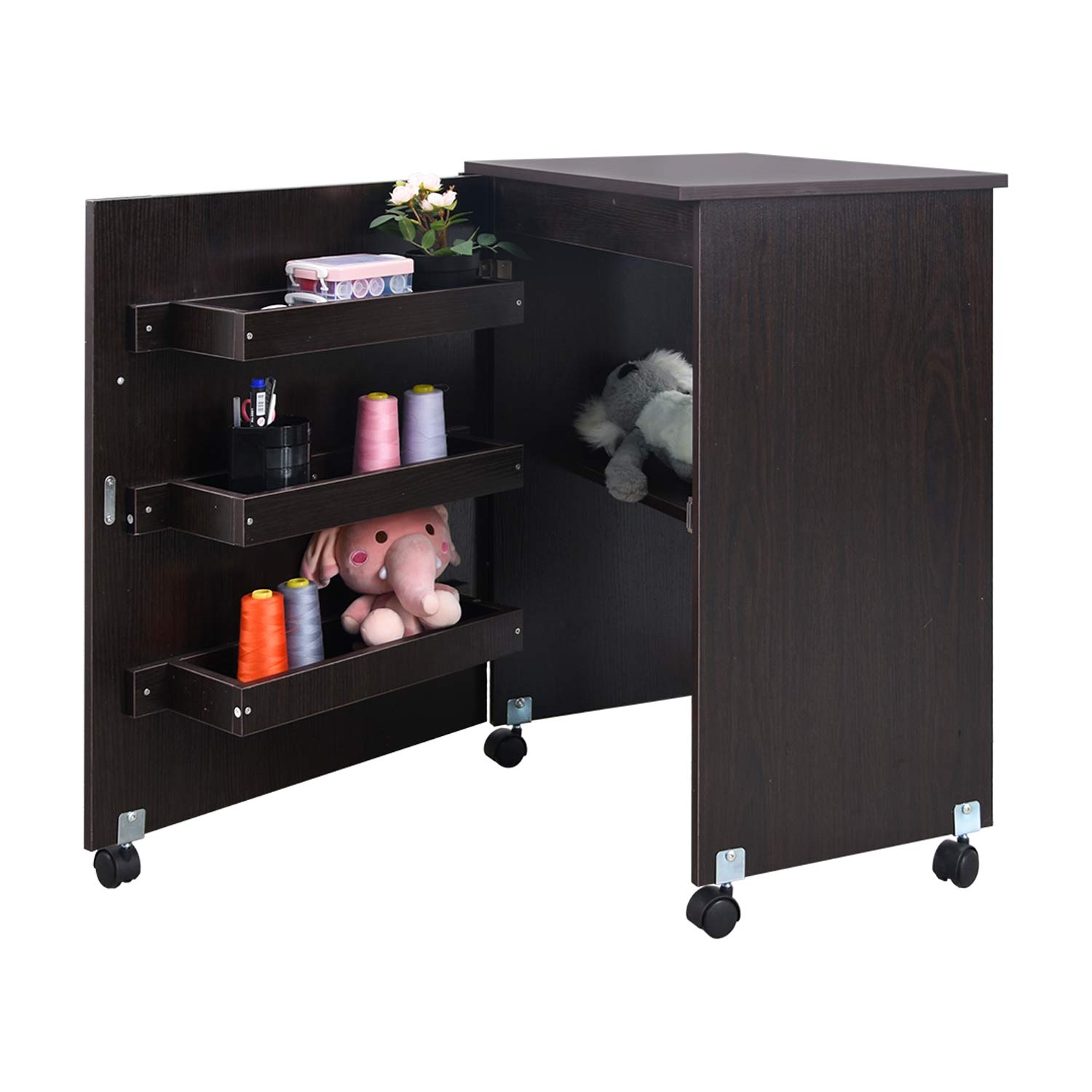 Usinso Folding Sewing Table with Storage Shelves - Portable Rolling Sewing Machine Cart, Multifunctional Craft Cabinet & Computer Desk with Lockable Casters (Dark Brown) - Perfect for Home Sewing Projects, Quilting, and DIY Craft Workspaces
