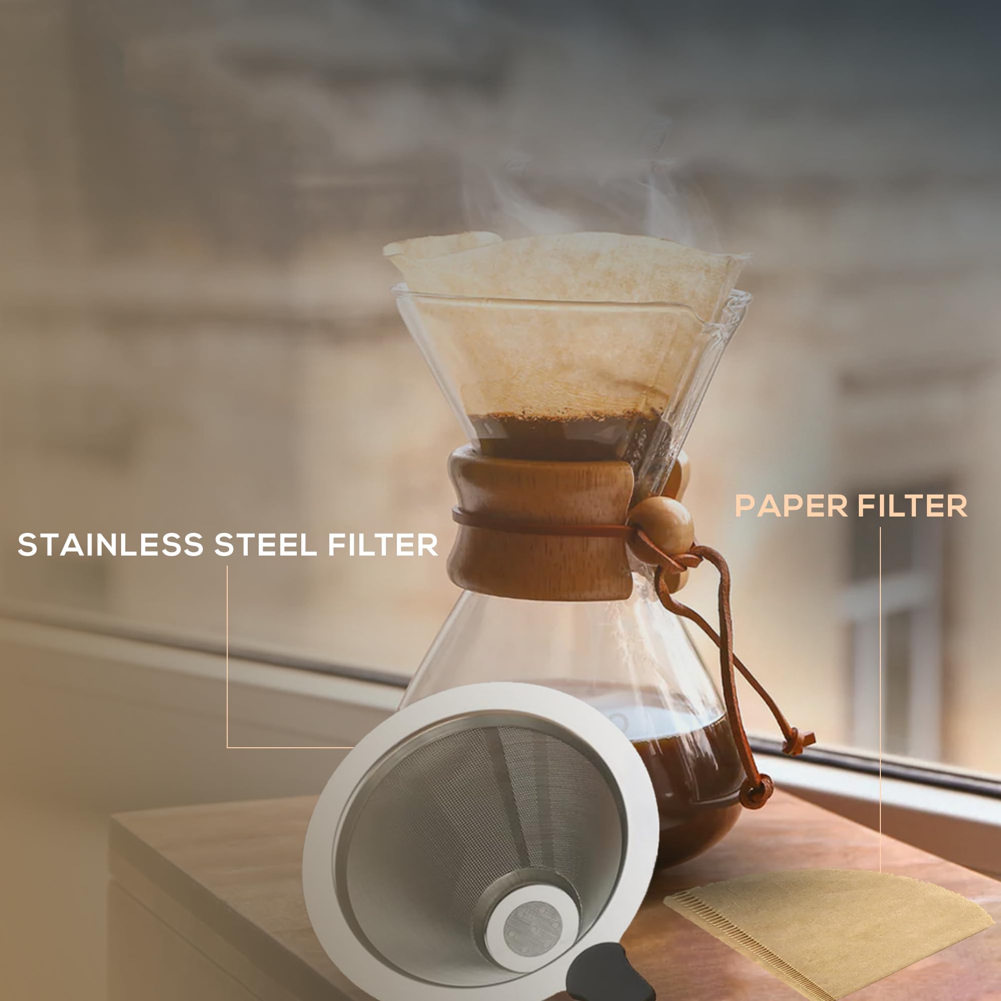 Premium Pour Over Coffee Maker - 8 Cup (34oz) Stainless Steel Filter & Heat-Resistant Glass Carafe - Includes 40 Paper Filters for Perfect Drip Coffee at Home, Office or Camping