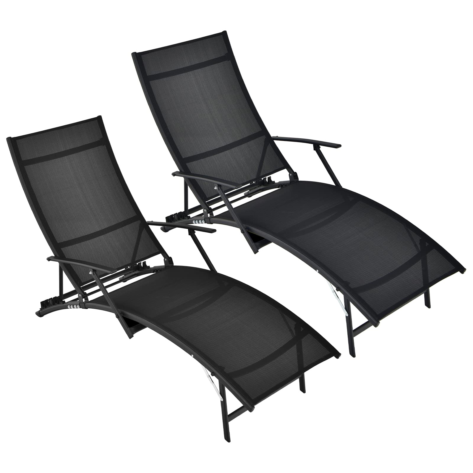 FANTASK 2-Piece Patio Folding Chaise Lounge Set - Stackable Outdoor Reclining Chairs with 5-Position Adjustable Backrest & Quick-Dry Fabric - Perfect for Poolside, Beach, Backyard, and Garden Relaxation (Black)
