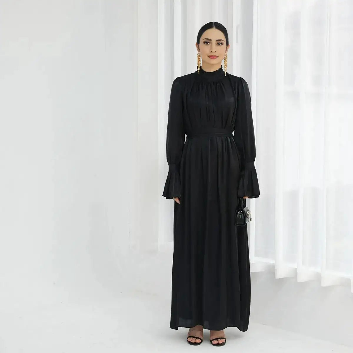 Bell Sleeve Gleam Shiny Abaya Dress for Women - Elegant Muslim Prayer Dress for Eid, Wedding & Special Occasions
