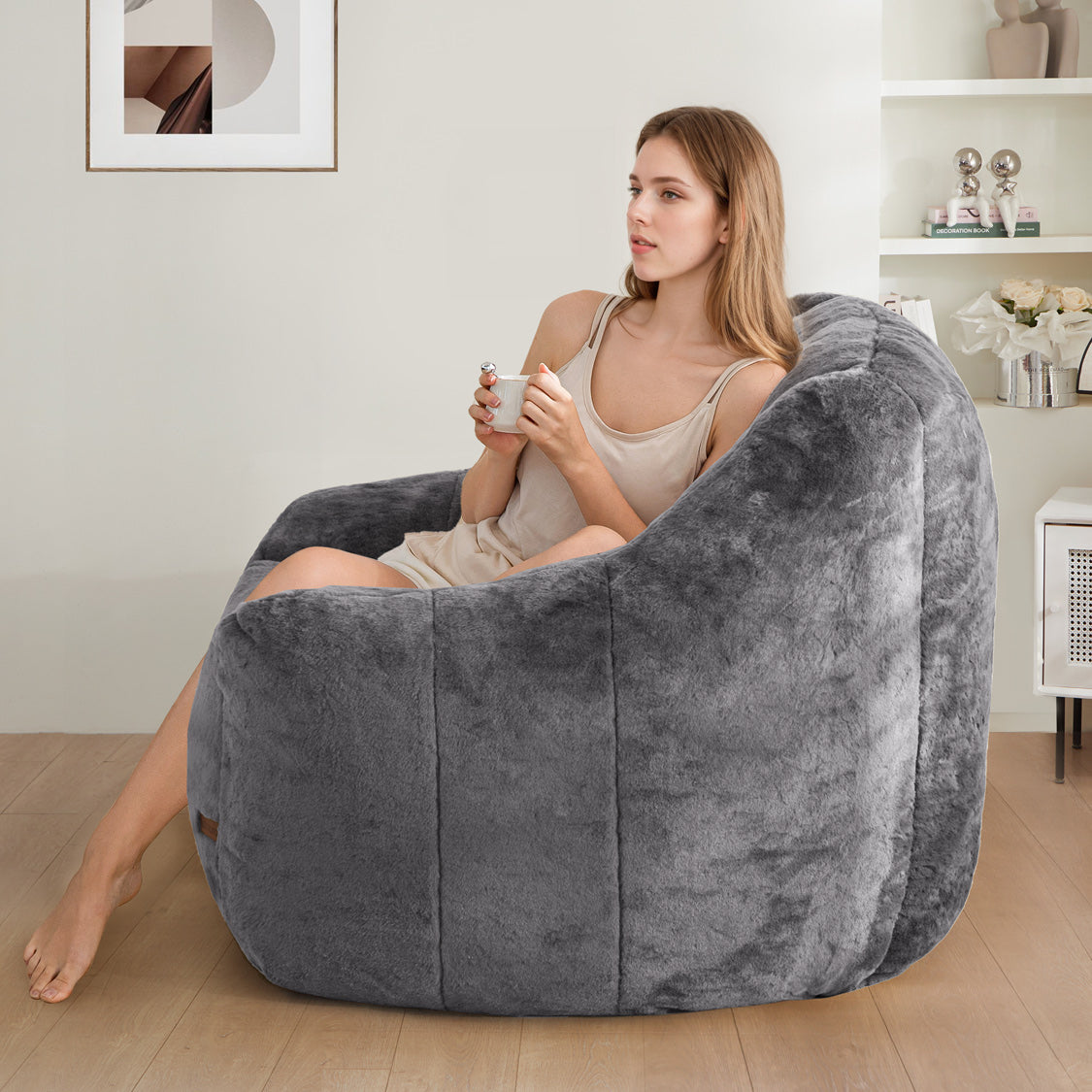 MAXYOYO Faux Fur Bean Bag Chair with High Backrest - Grey, Oversized Comfortable Lounge Chair for Living Room, Bedroom, Dorm, or Game Room - Perfect for Relaxing, Reading, and Gaming
