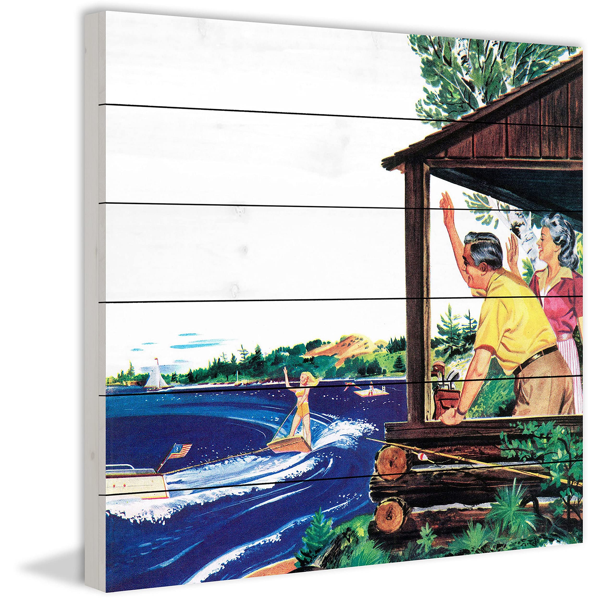 Handmade Porch Wave Painting Print on White Wood 24x24 - Coastal Wall Art Decor for Living Room, Bedroom & Beach House