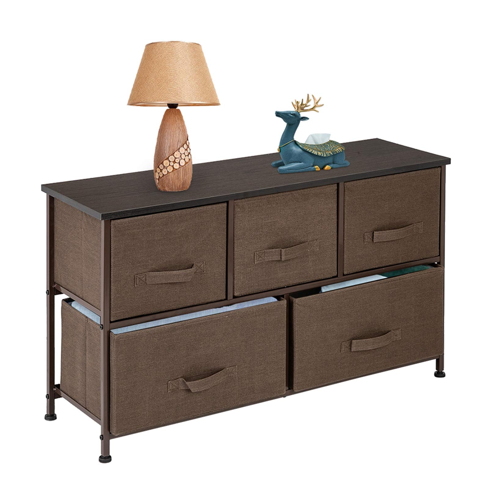 5-Drawer Fabric Dresser Organizer Storage Tower - 2-Tier Wide Closet Dresser for Bedroom, Dorm, Living Room & Hallway - Multi-Purpose Storage Unit for Clothes, Toys & Accessories (Brown) - Perfect for Small Spaces & Home Organization
