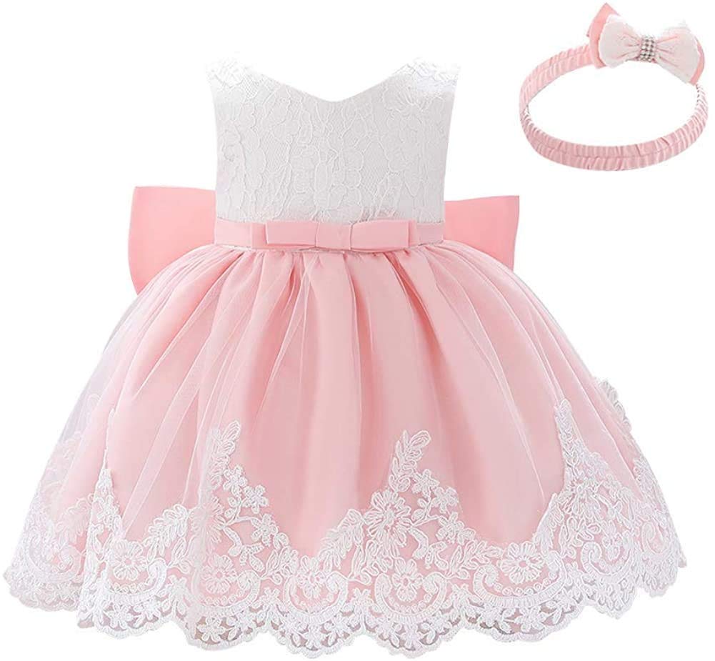 Elegant Baby Christening Dress with Lace & Bowknot - White Baptism Gown for Flower Girls, Pageant & Wedding - Includes Matching Headwear | Perfect for Christenings, First Communions & Special Occasions