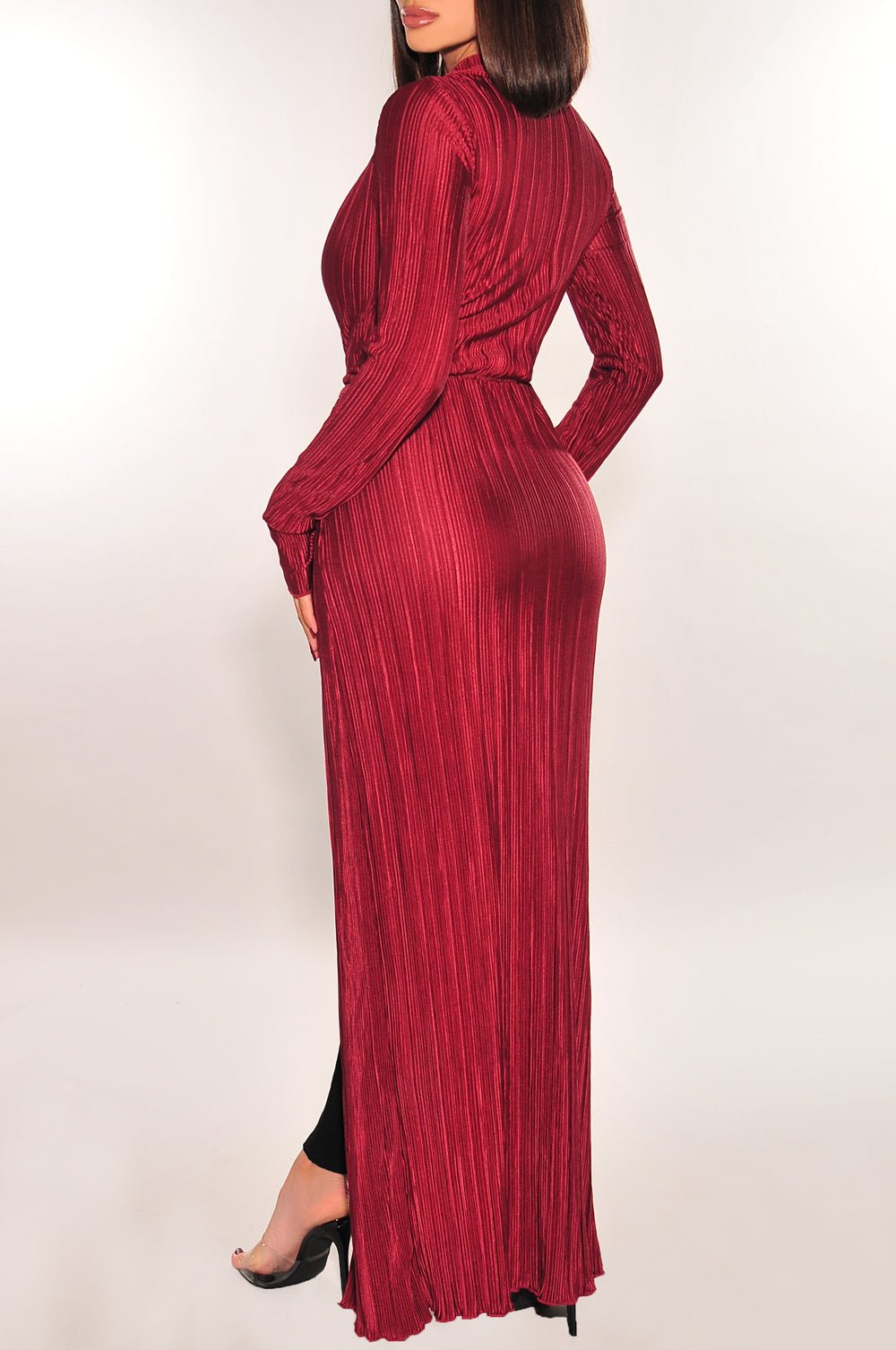 Elegant Burgundy Ribbed Collar Belted Long Sleeve Duster Coat for Women | Fall & Winter Fashion Outerwear | Perfect for Office, Date Night & Special Occasions