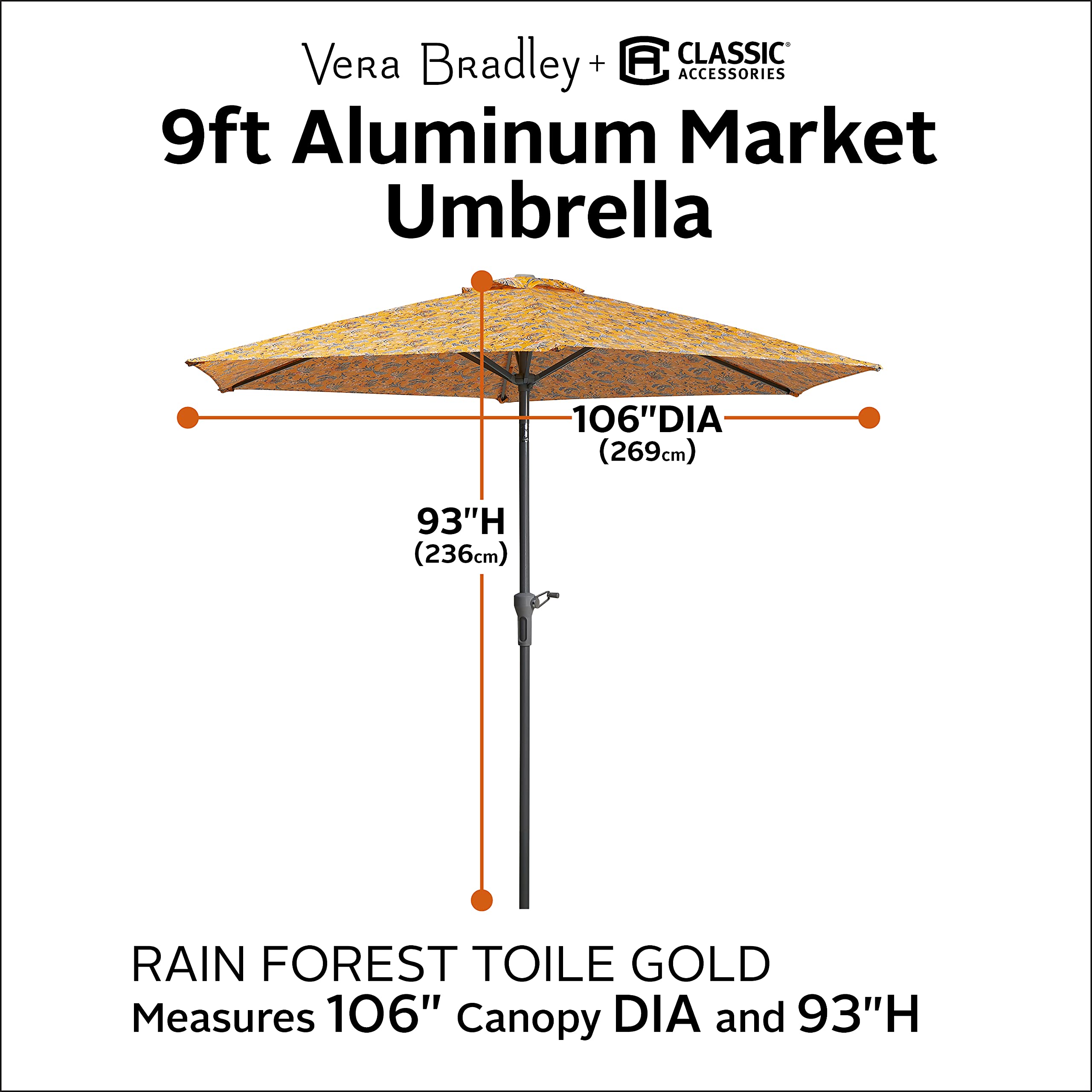 Vera Bradley by Classic Accessories 9 Foot Water-Resistant Market Umbrella - Rainforest Toile Gold Pattern - Perfect for Outdoor Events, Beach Trips & Garden Parties