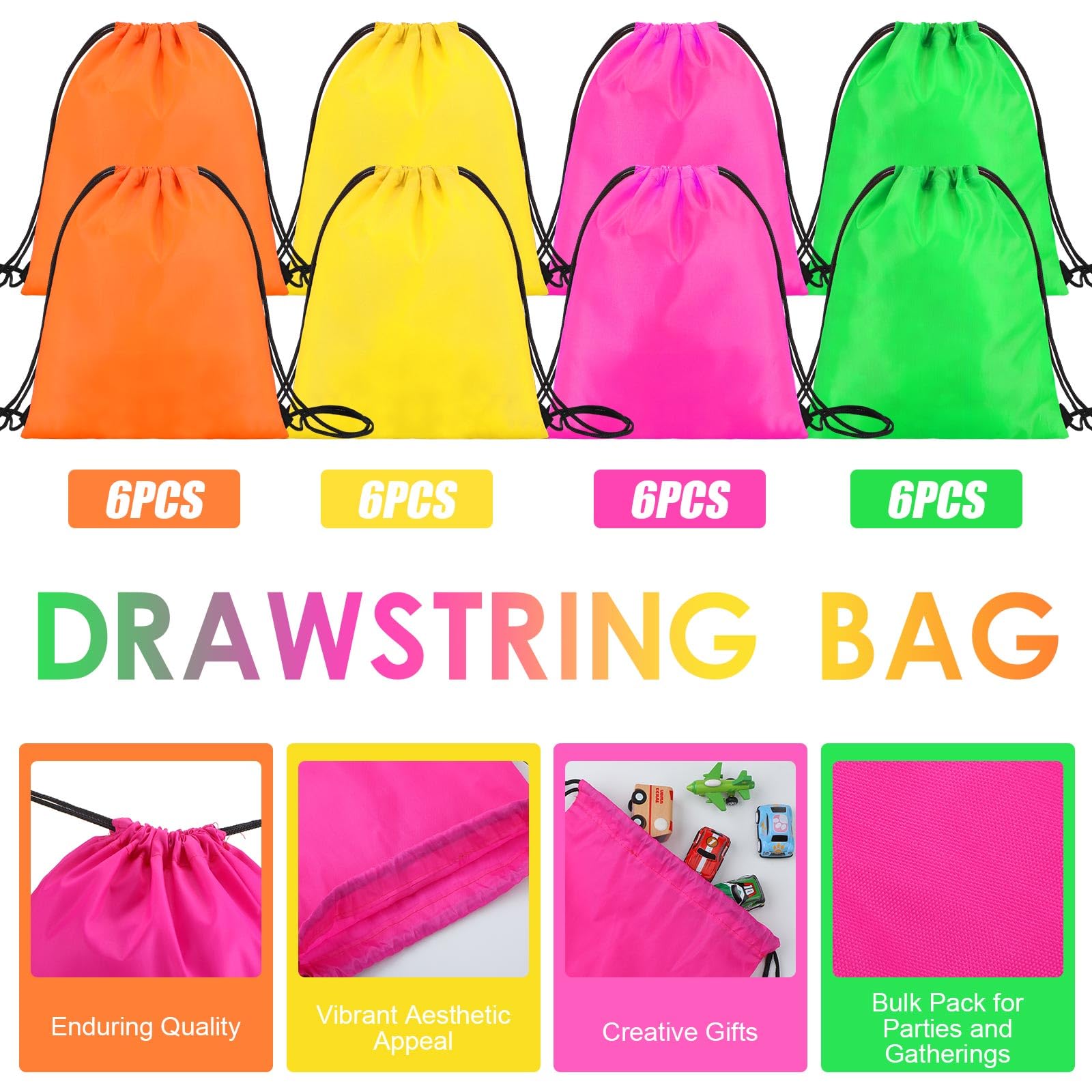 24-Piece Neon Party Drawstring Backpacks - Colorful Goodie Bags for Candy & Gifts (4 Vibrant Colors) - Perfect for Birthday Parties, Halloween, School Events & Festive Celebrations