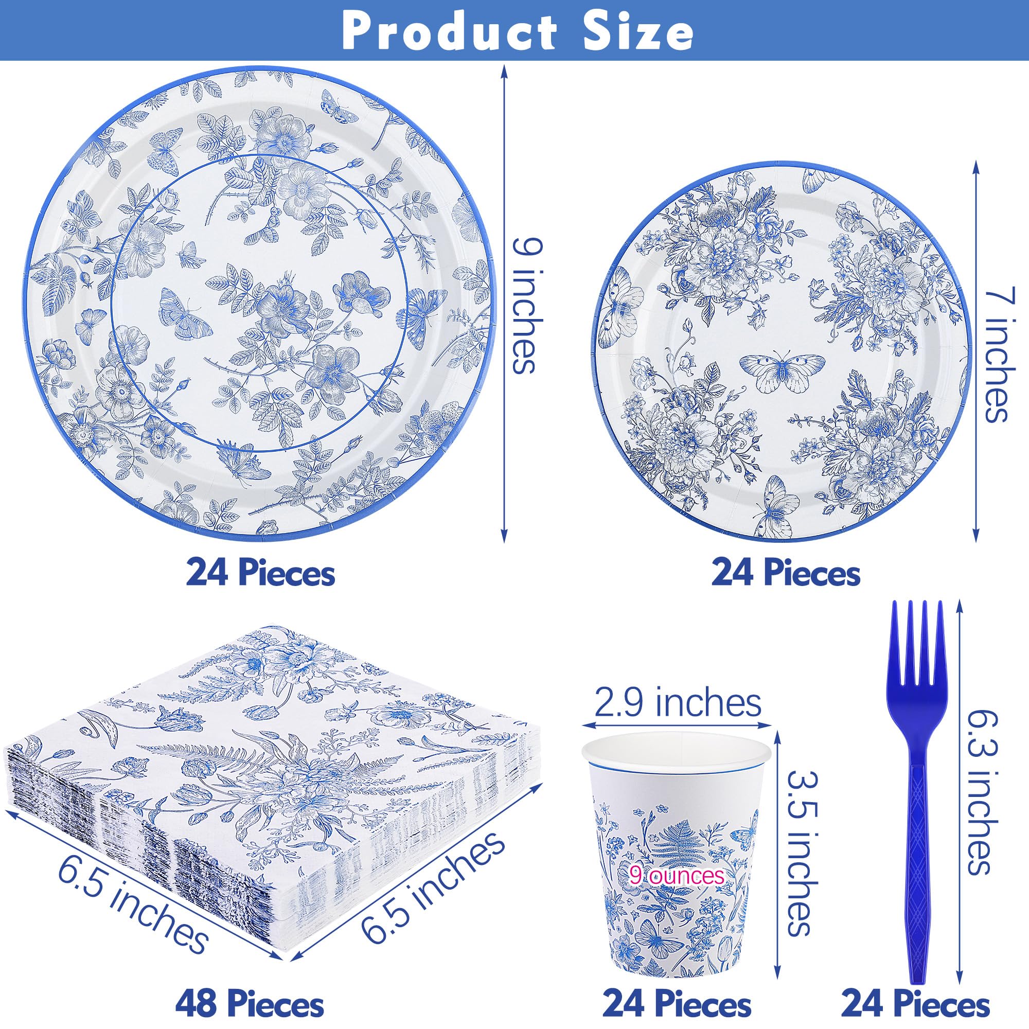 Durable 144-Piece Blue and White Floral Disposable Tableware Set - 9