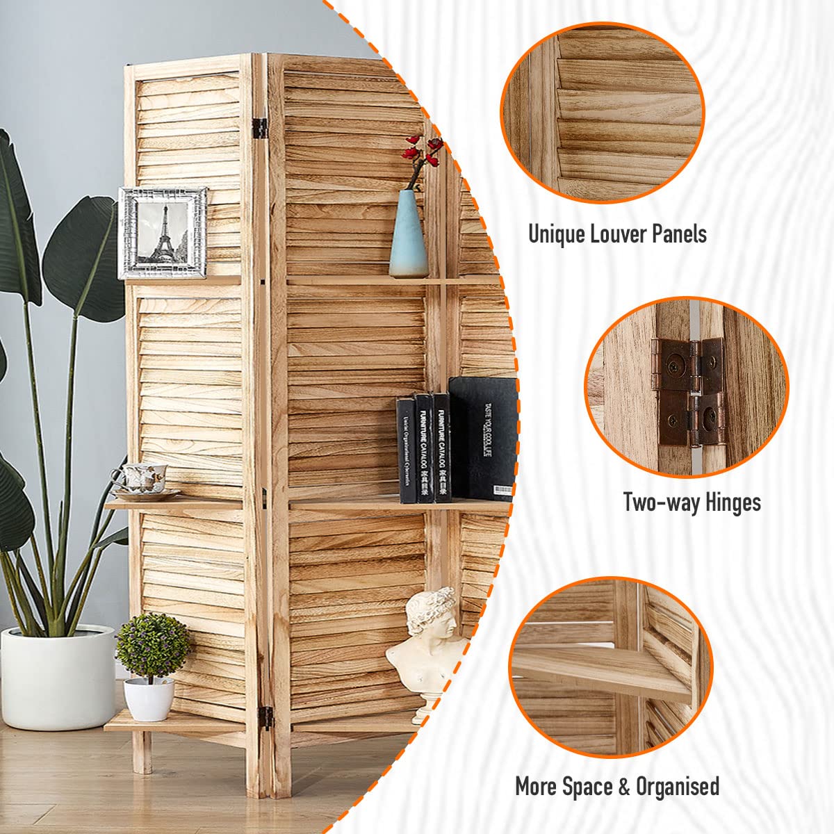 5.6 Ft Tall Wood Room Divider Panel - Folding Privacy Screen with Shelves for Home & Office - Natural Finish 6 Panel - Perfect for Living Room, Bedroom, or Workspace Partition