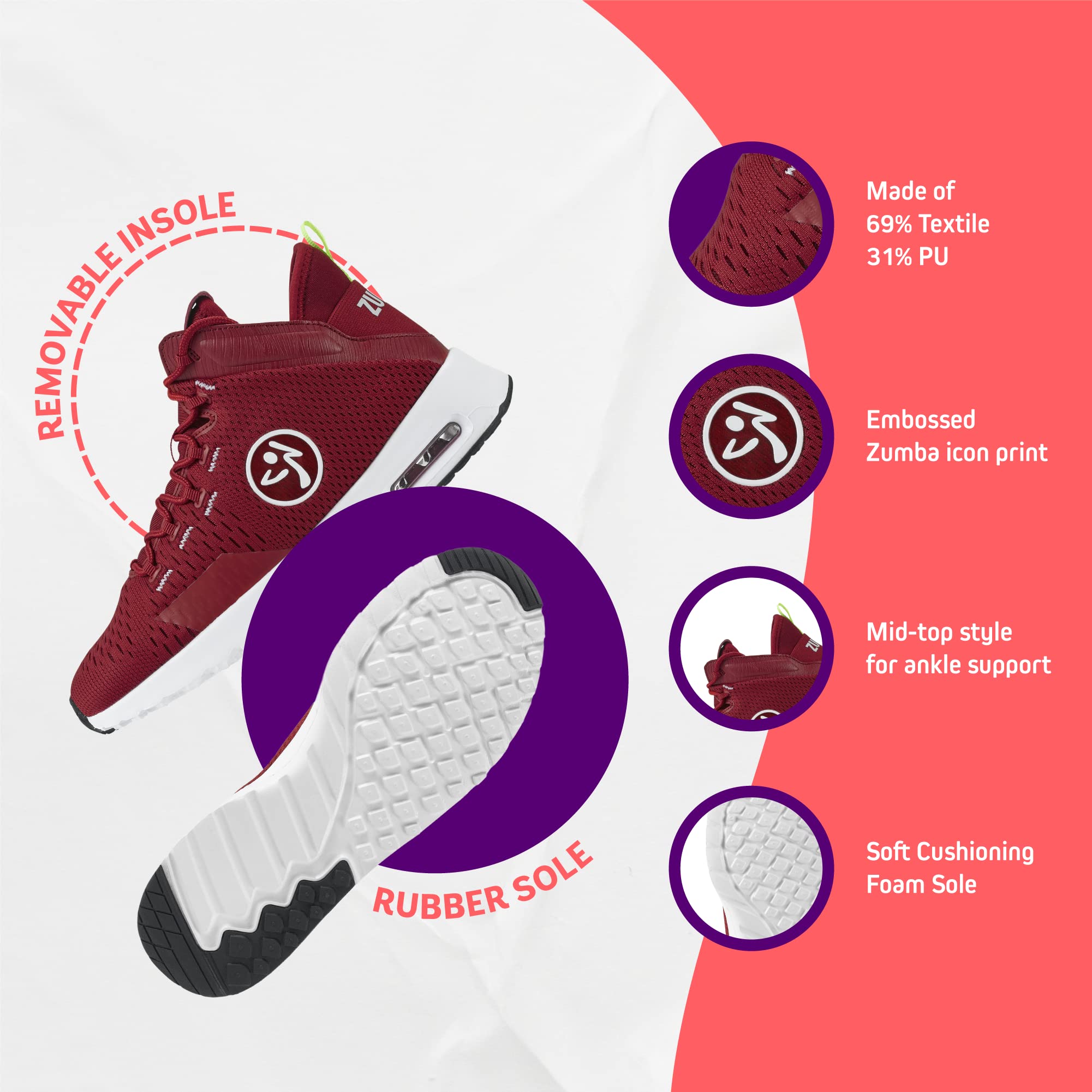 ZUMBA Air Funk Women’s Dance Shoes - Mid-Top Fitness Sneakers for Zumba, Aerobics & Dance Workouts - Lightweight & Breathable for Comfortable Performance