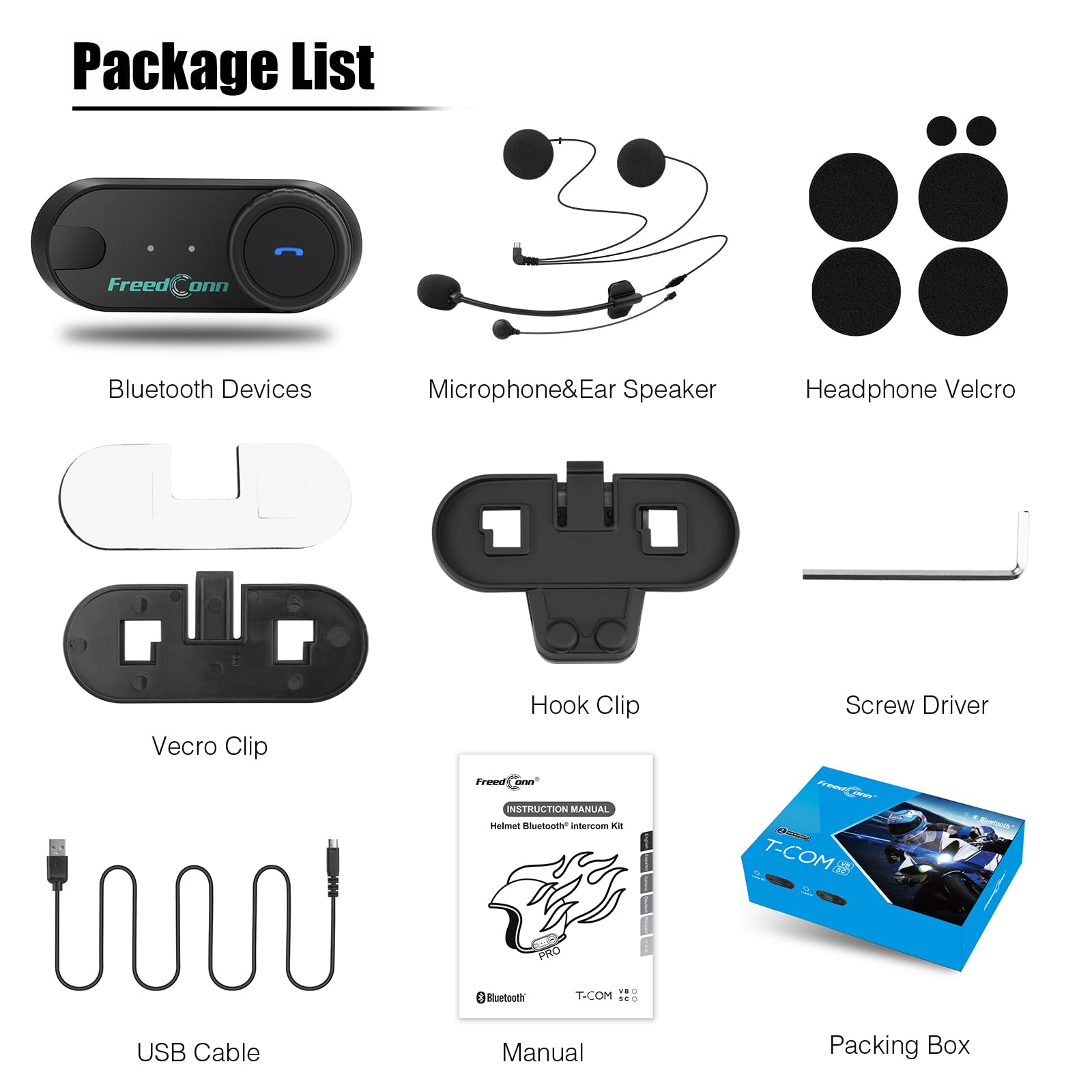 FreedConn TCOM VB Motorcycle Bluetooth Headset - Helmet Communication System with Music Sharing, Universal Pairing & 800M Range for 2-3 Riders (2 Pack) - Perfect for Group Rides, Touring & Adventure Motorcycling