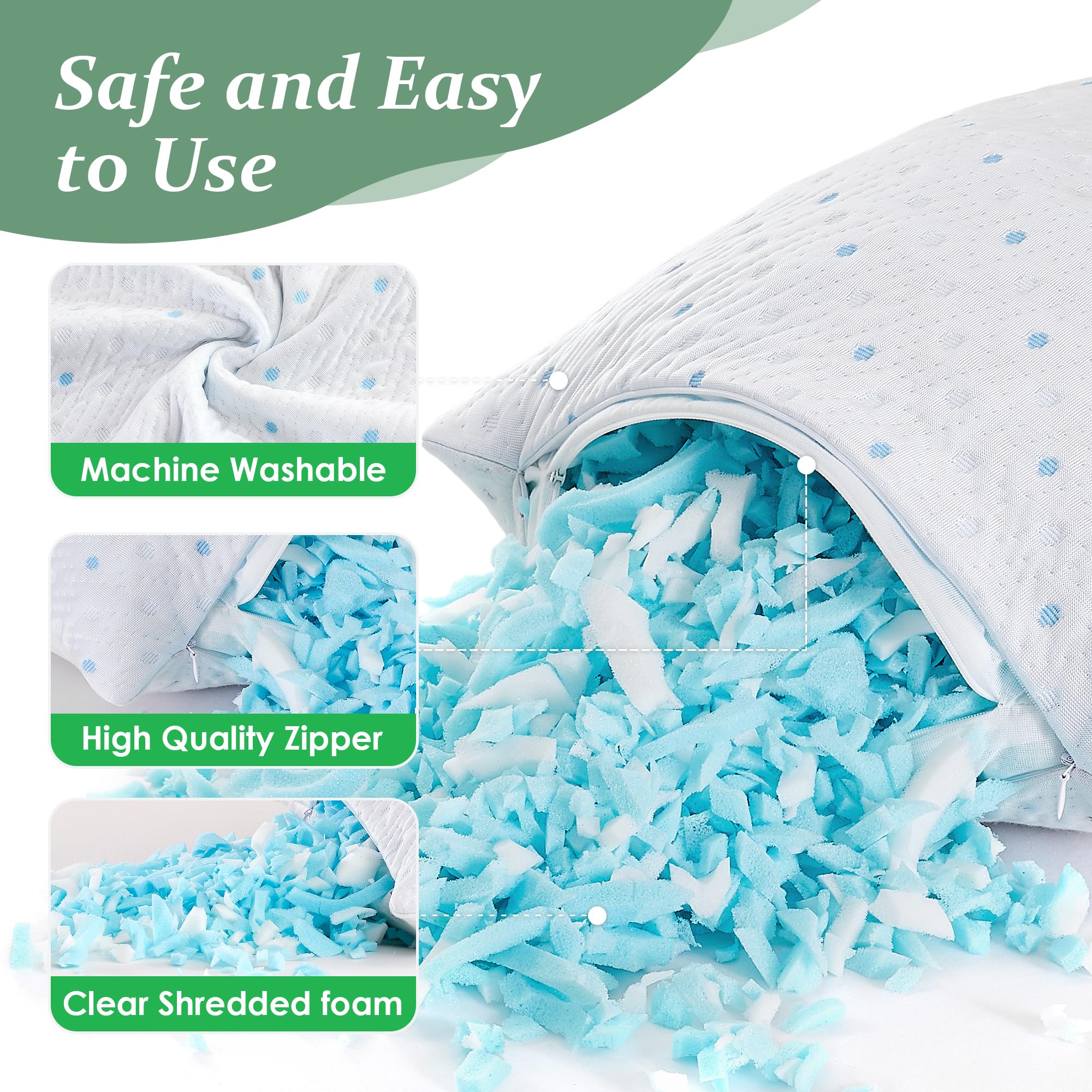 Queen Size Cooling Pillows Set of 2 - 100% Shredded Memory Foam with Extra Stuffing & Washable Cover - Hypoallergenic Bed Pillows for Side, Back & Stomach Sleepers - Perfect for Hot Sleepers & Allergy Relief