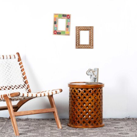 Handmade Carved Mango Wood Round Side Table with Intricate Jali Design - Natural Brown Finish | Perfect for Living Room, Bedroom, or Patio Decor