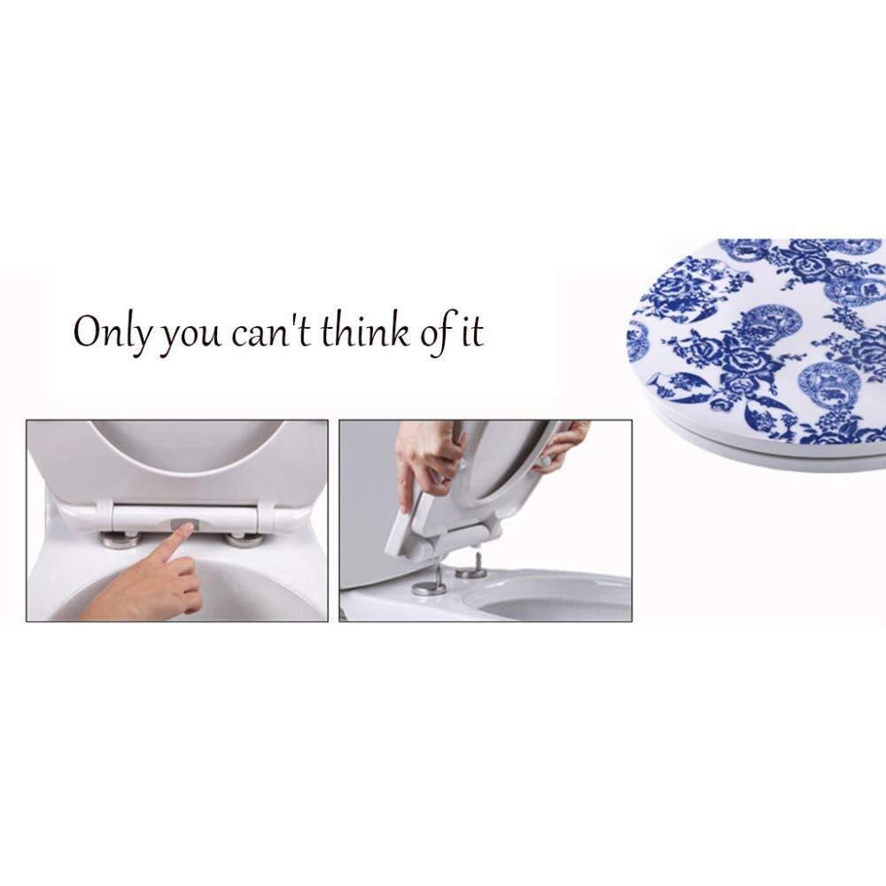 Blue and White Porcelain Universal O-Shaped Toilet Seat Cover - Quiet Soft Close Hinges, Durable Resin Top Mount Toilet Seat for Bathroom, Home & RV Use