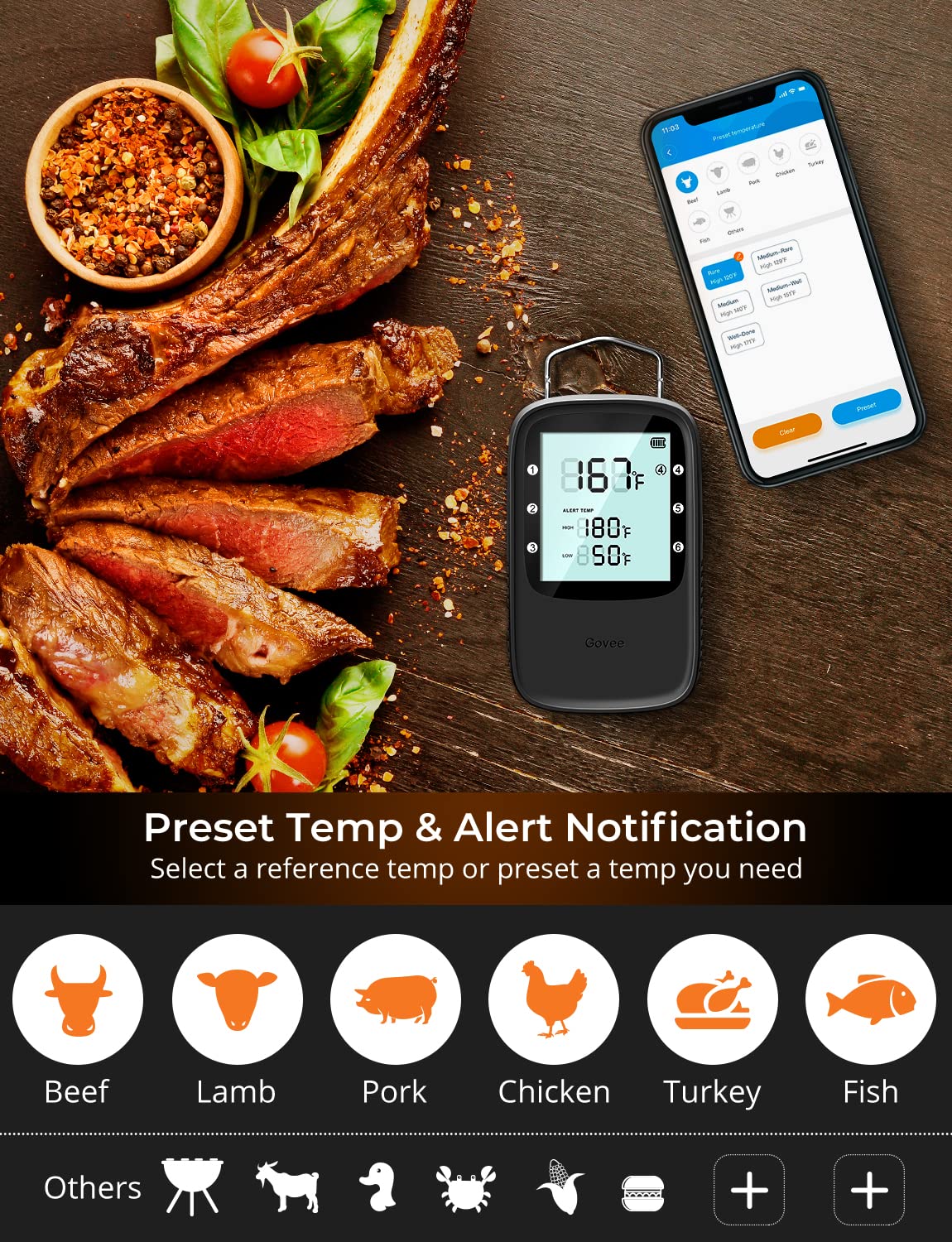 Govee Bluetooth Meat Thermometer with 2 Probes - Wireless Digital Grill Thermometer for Smoker, Oven & BBQ - Smart LCD Backlight & Timer for Cooking Turkey, Fish, Beef - Perfect for Outdoor Grilling, Home Kitchen & Camping