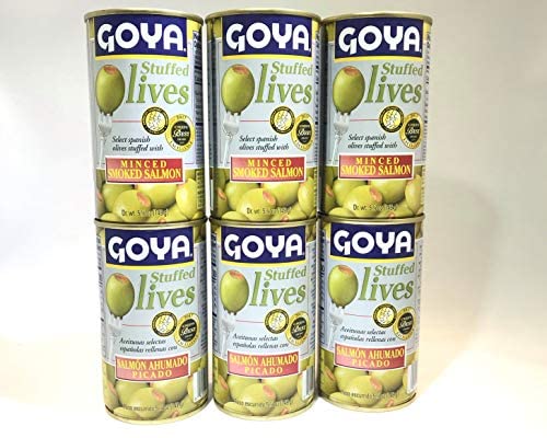 Goya Manzanilla Olives Stuffed with Salmon - 5.25 Oz (Pack of 6) | Premium Spanish Olives with Salmon Filling | Perfect for Salads, Charcuterie Boards & Tapas Parties