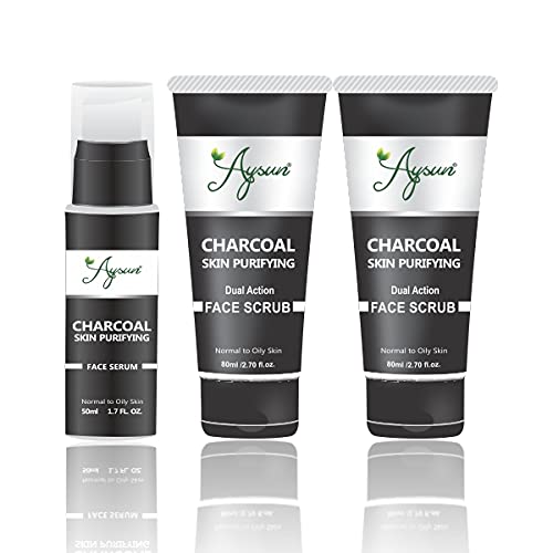 Aysun Charcoal Face Serum & Charcoal Face Scrub Combo Pack of 3 - Deep Cleansing & Detoxifying Skincare Set for Acne-Prone & Oily Skin - Perfect for Daily Facial Care & Blackhead Removal