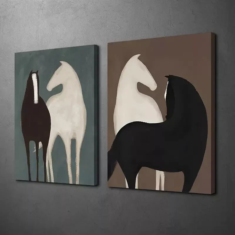 2-Piece Modern Abstract Horse Duo Black & White with Teal Accents Canvas Wall Art - 50x75cm Framed High Quality Print | 100% Australian Made | Ready to Hang | Perfect for Living Room, Bedroom & Office Decor