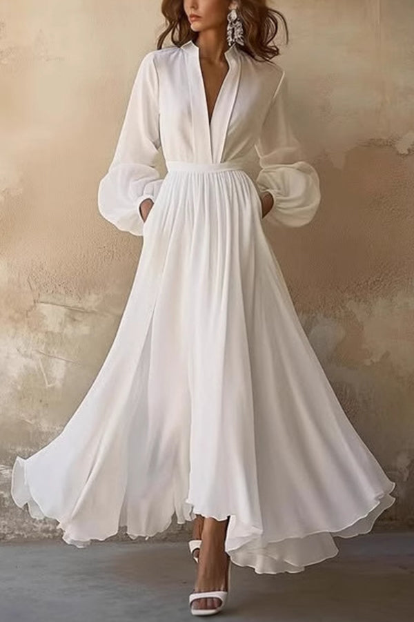 Elegant Solid Color V-Neck Long Sleeve Casual Waist Midi Dress for Women | Perfect for Office, Date Night & Fall Fashion
