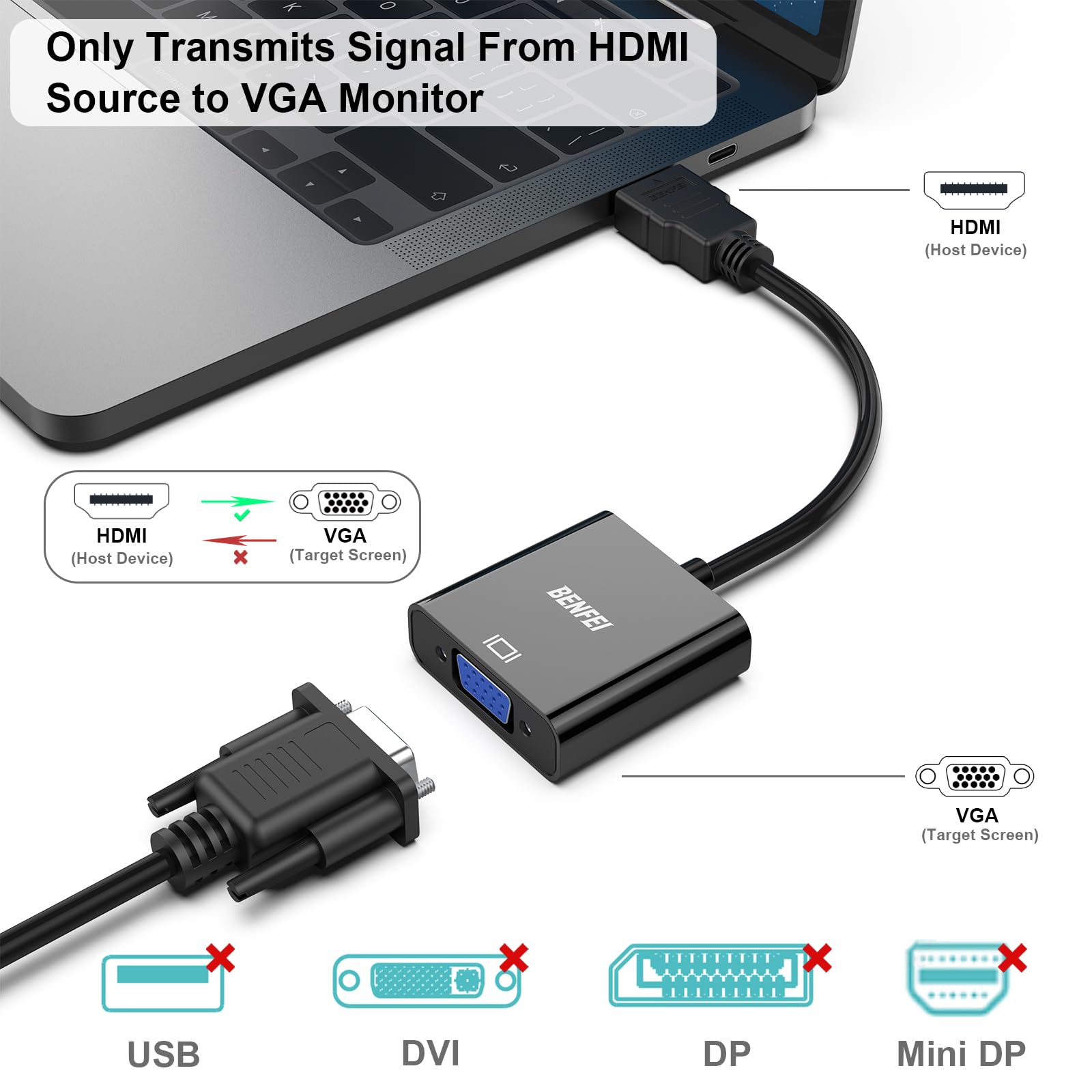 Benfei 10-Pack Gold-Plated HDMI to VGA Adapter (Male to Female) - High-Quality Video Converter for Computers, Laptops, Monitors, Projectors, HDTV, Gaming Consoles - Perfect for Home Office, Classroom, Conference Room & Entertainment Setup