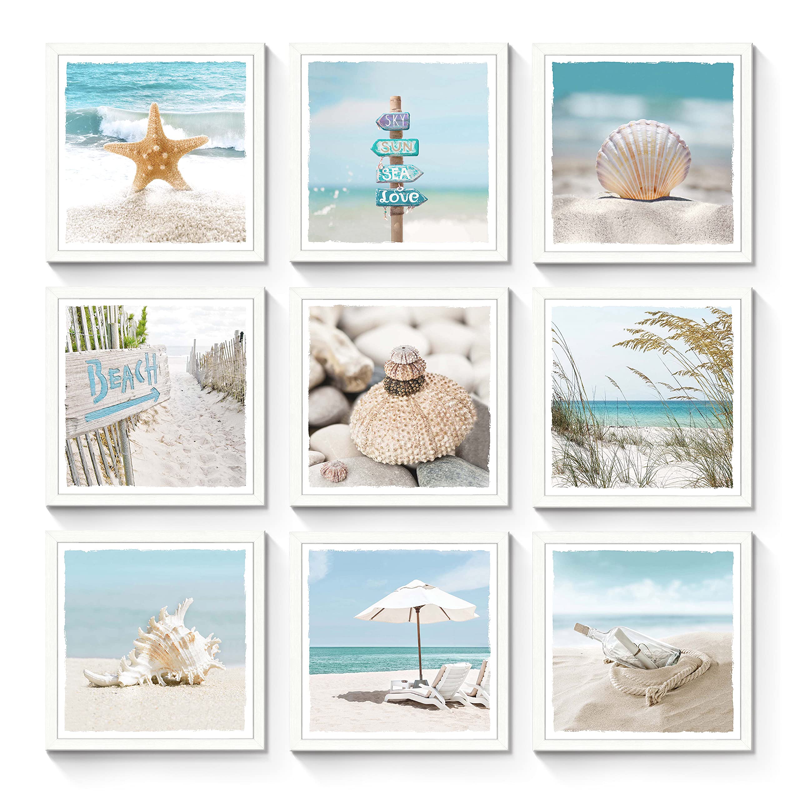 Beach Starfish Collection Wall Art - Set of 9 Wood Framed Ocean Prints for Living Room Decor | Coastal Home Decor, Beach House Wall Decor, Seaside Themed Artwork | Perfect for Living Rooms, Bedrooms, Beach Houses & Coastal Themed Spaces
