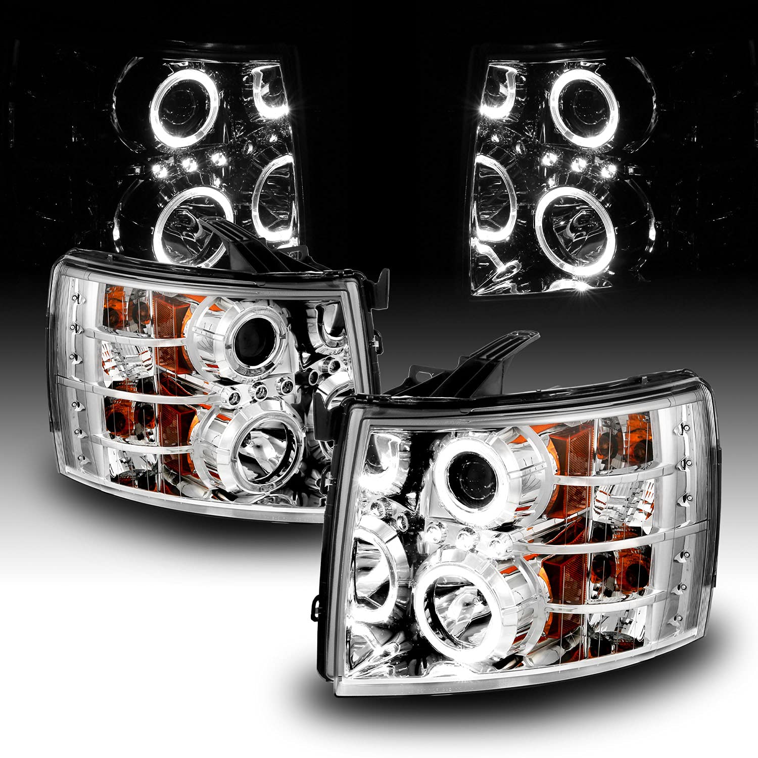AmeriLite Chrome LED Halo Projector Headlights for Chevy Silverado 1500 2500 3500 - Pair (Driver & Passenger Side) - Upgrade Your Truck's Style & Night Visibility for Off-Roading & Daily Driving