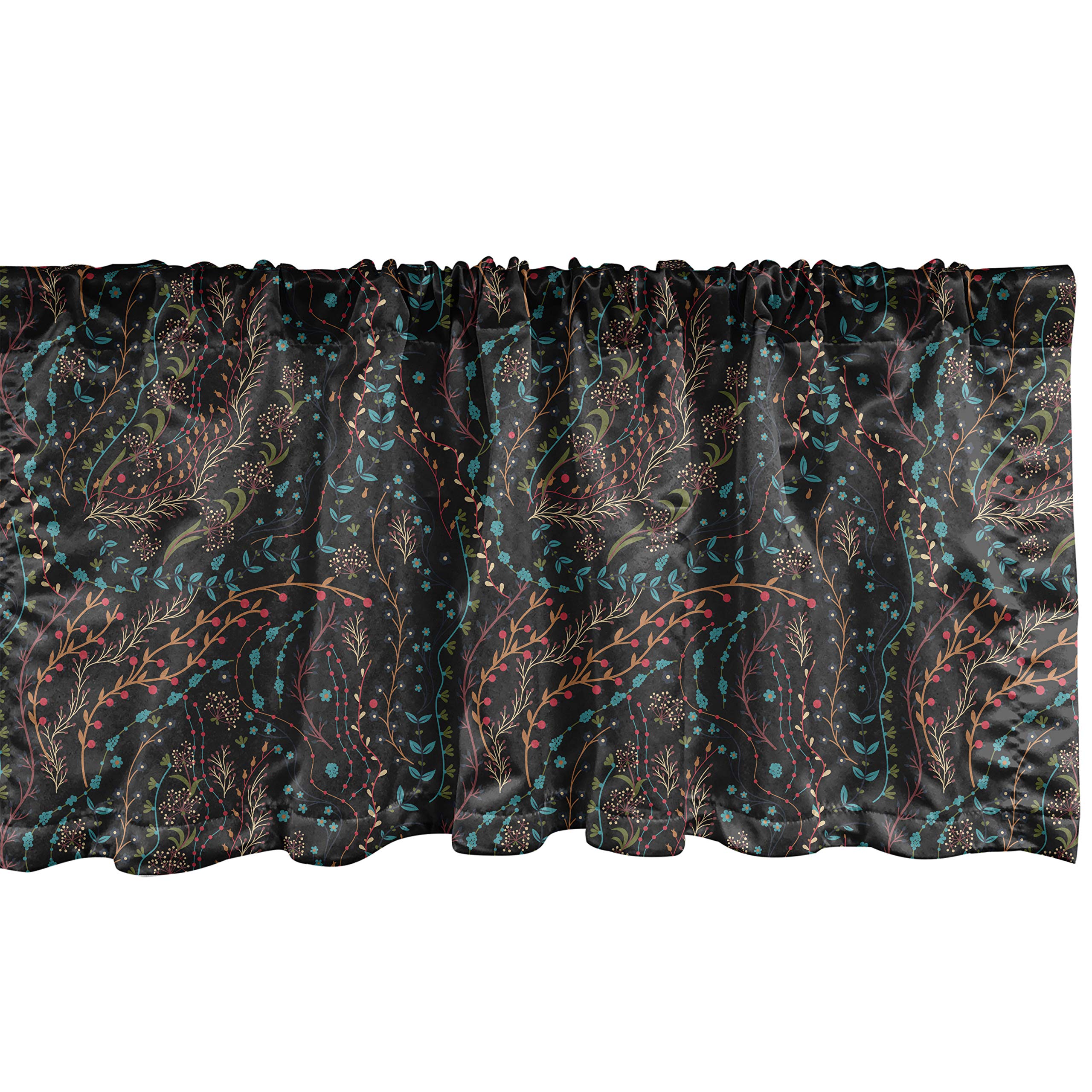 Ambesonne Floral Window Valance - Colorful Herbs & Flowering Stems on Dark Backdrop, Spring Nature Inspired Rod Pocket Curtain for Kitchen & Bedroom, 54x12 Inches, Dark Taupe Multicolor - Perfect for Farmhouse, Cottage & Boho Home Decor
