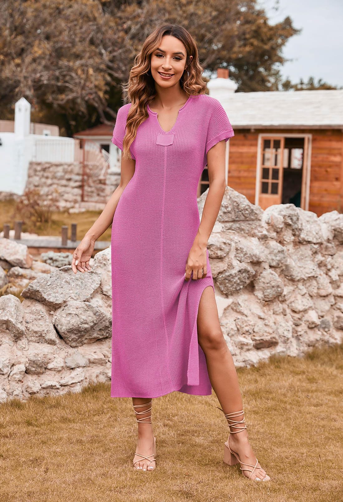 Pink Queen Women's Casual V-Neck Short Sleeve Loose Side Slit Ribbed Knit Midi Dress - Perfect for Summer Outfits, Beach Vacations & Date Nights