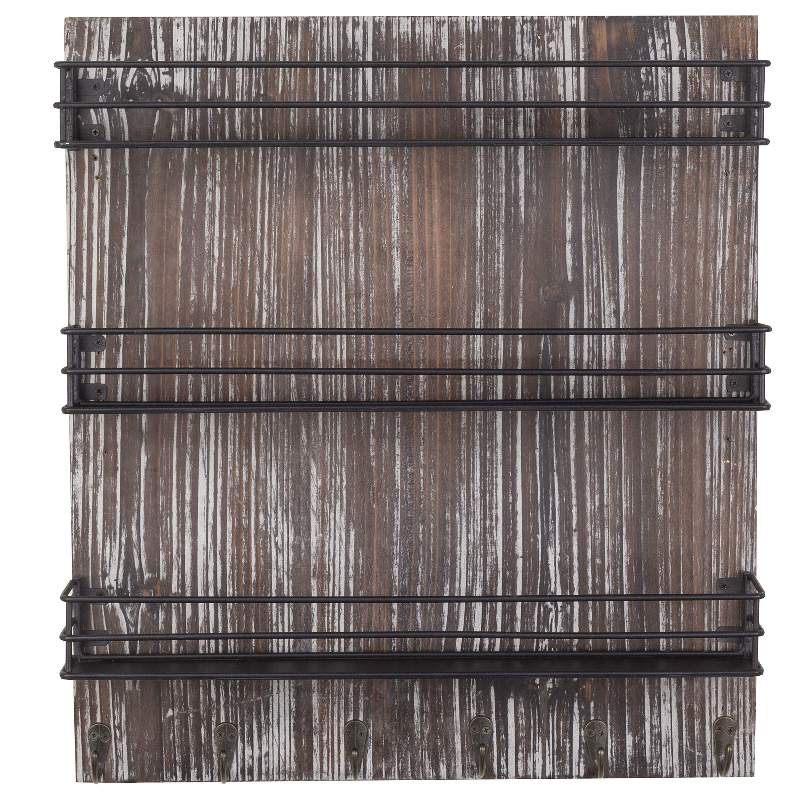 MyGift 3-Tier Black Metal Wall-Mounted Spice Rack Organizer with Torched Wood Finish, 6 Hooks & Seasoning Jars - Space-Saving Kitchen Storage for Spices, Utensils & Cooking Essentials - Perfect for Small Kitchens, Pantries & RV Cooking Spaces