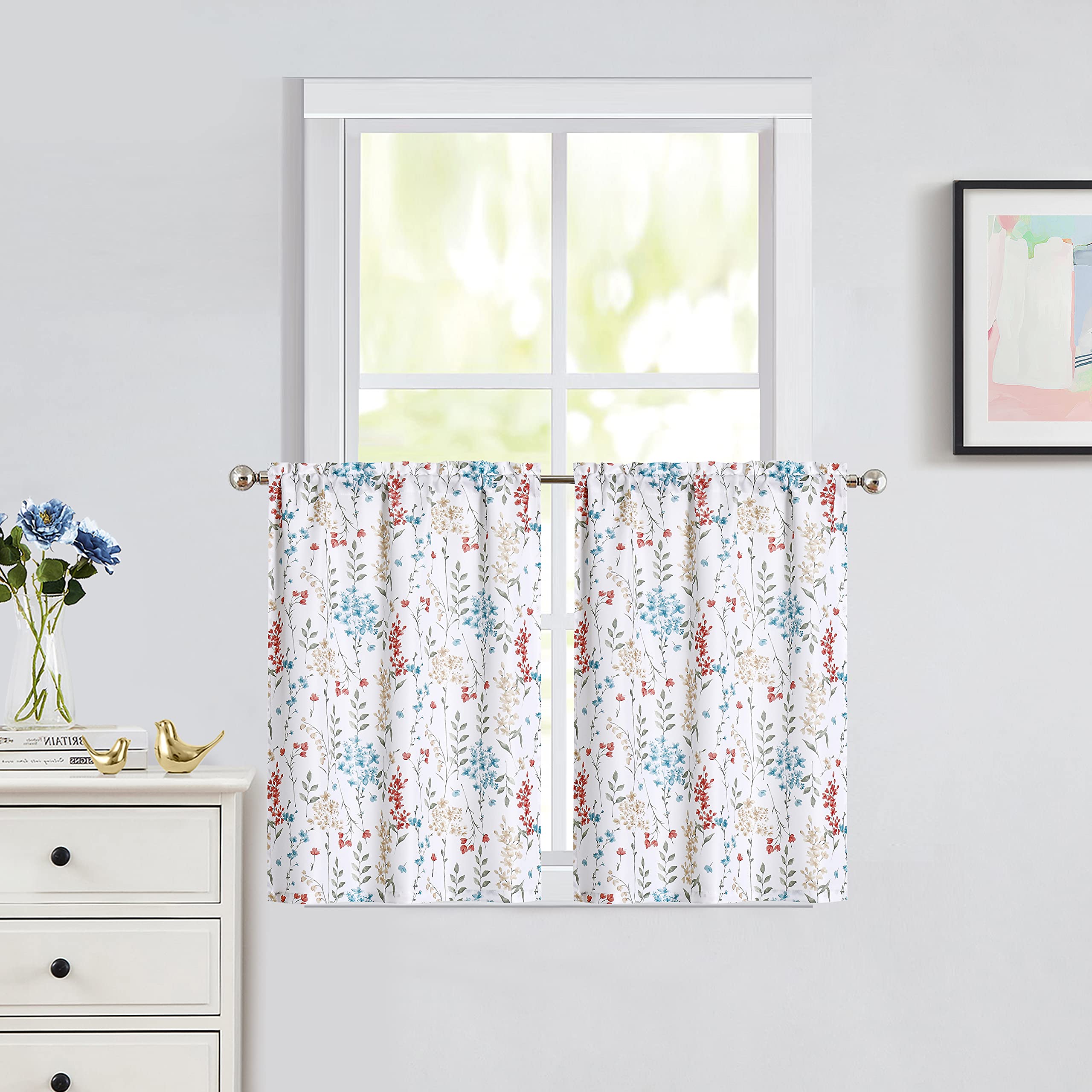 36 Inch Watercolor Floral Cafe Curtains Set of 2 - Farmhouse Rod Pocket Tier Kitchen Curtains with Flower & Leaf Print, 28