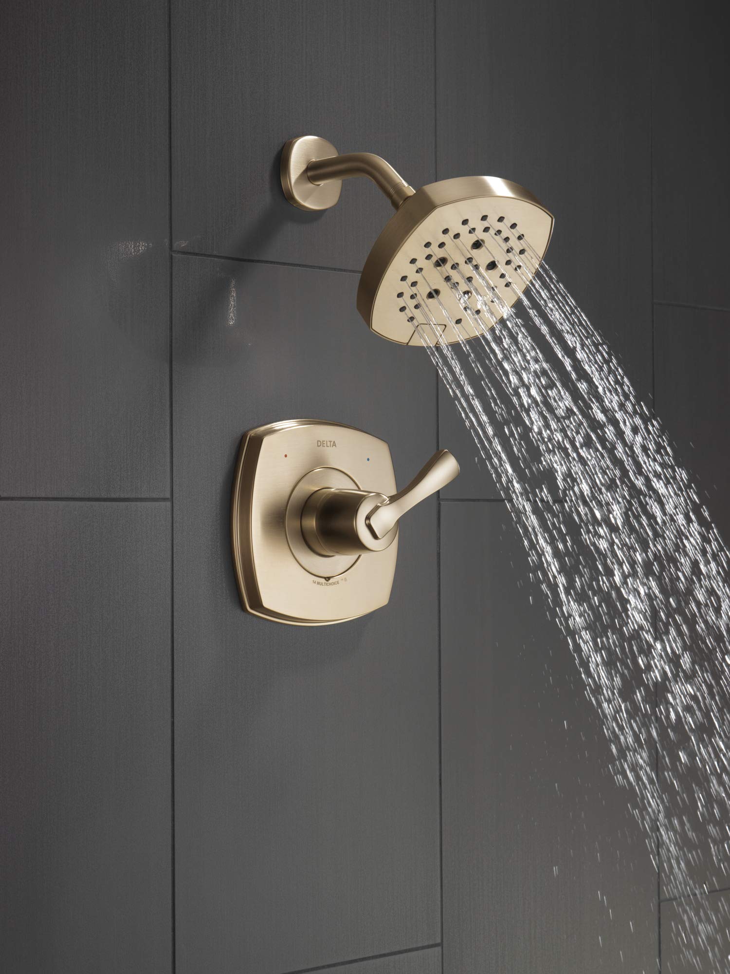 Delta Stryke 14 Series Single-Function Shower Faucet Set with H2Okinetic Shower Head - Champagne Bronze T14276-CZ (Valve Not Included) | Modern Bathroom Upgrade for Water-Efficient Luxury Shower Experience