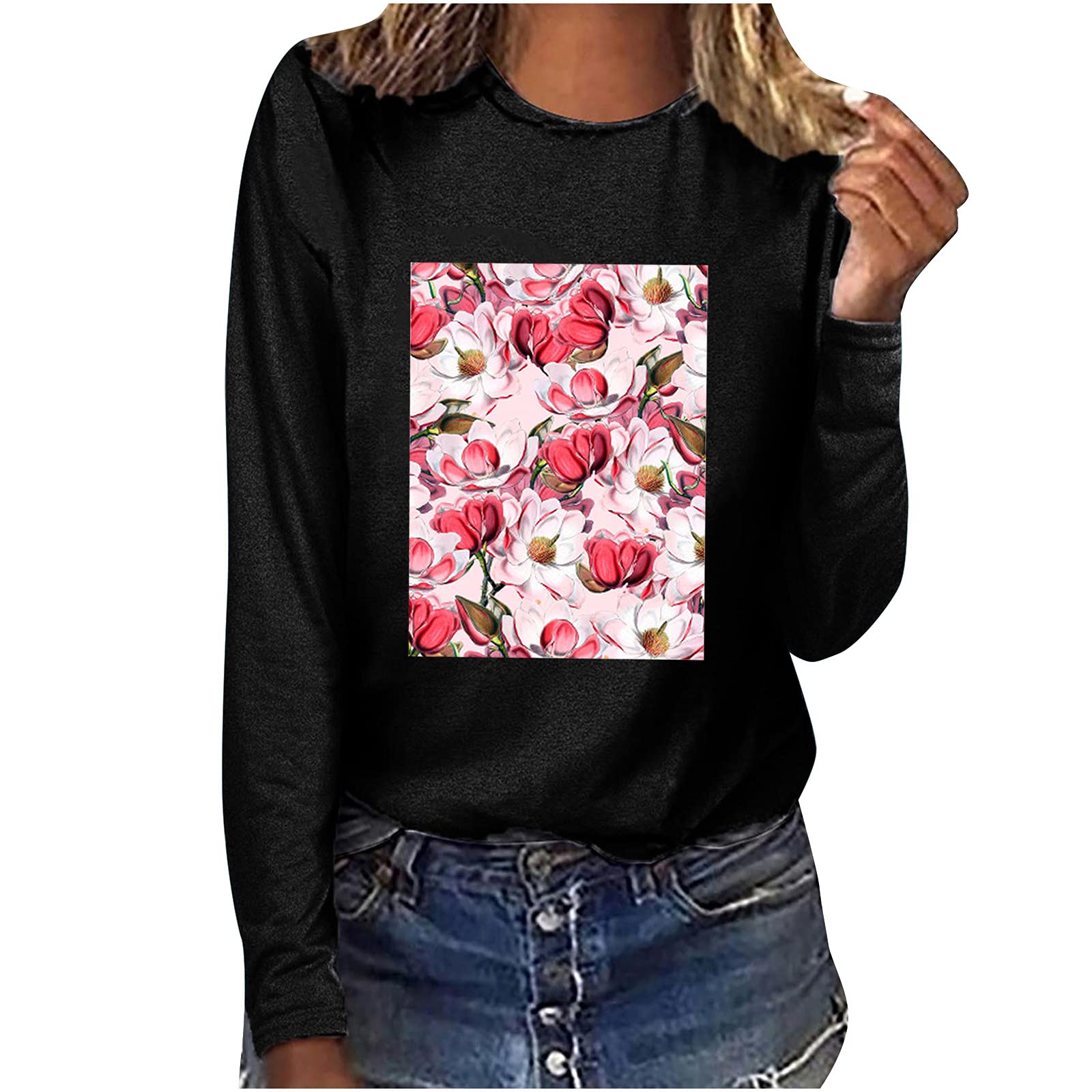 Women's Floral Print Long Sleeve T-Shirt - Trendy Round Neck Casual Blouse for Fall | Perfect for Autumn Outfits, Work Wear & Weekend Casual Style